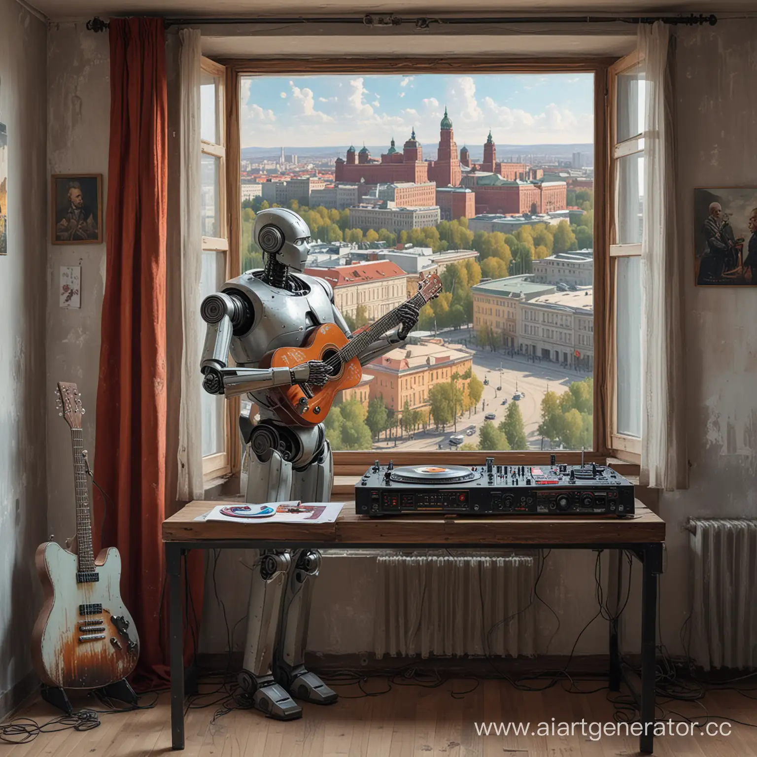 робот с искусственным интеллектом играет на диджейском пульте - рядом стоит гитара а за окном виды советского города. На стене картина с Лениным