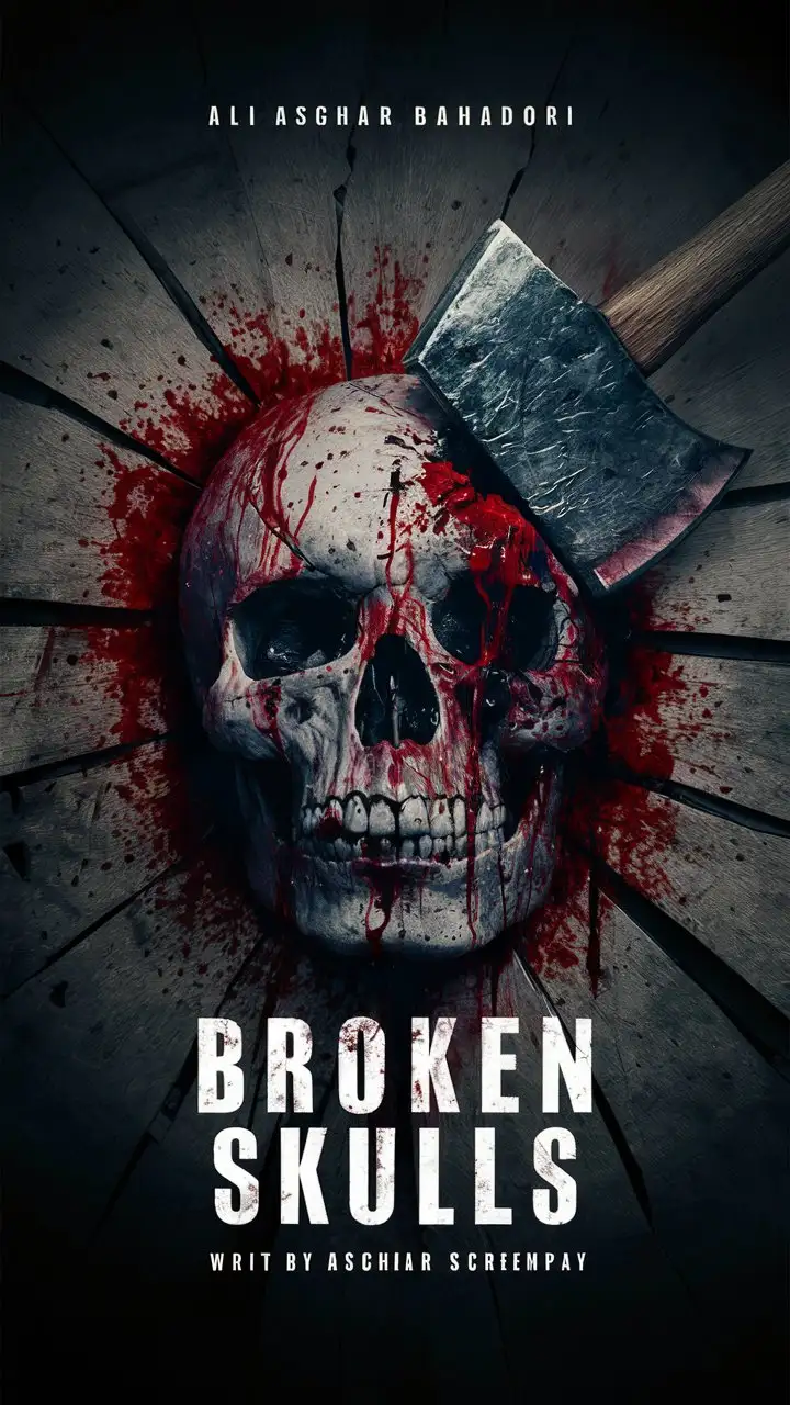 A screenplay called Broken Skulls and written by Ali asghar Bahadori . And in the photo there is a skull covered in blood that is broken by an ax
