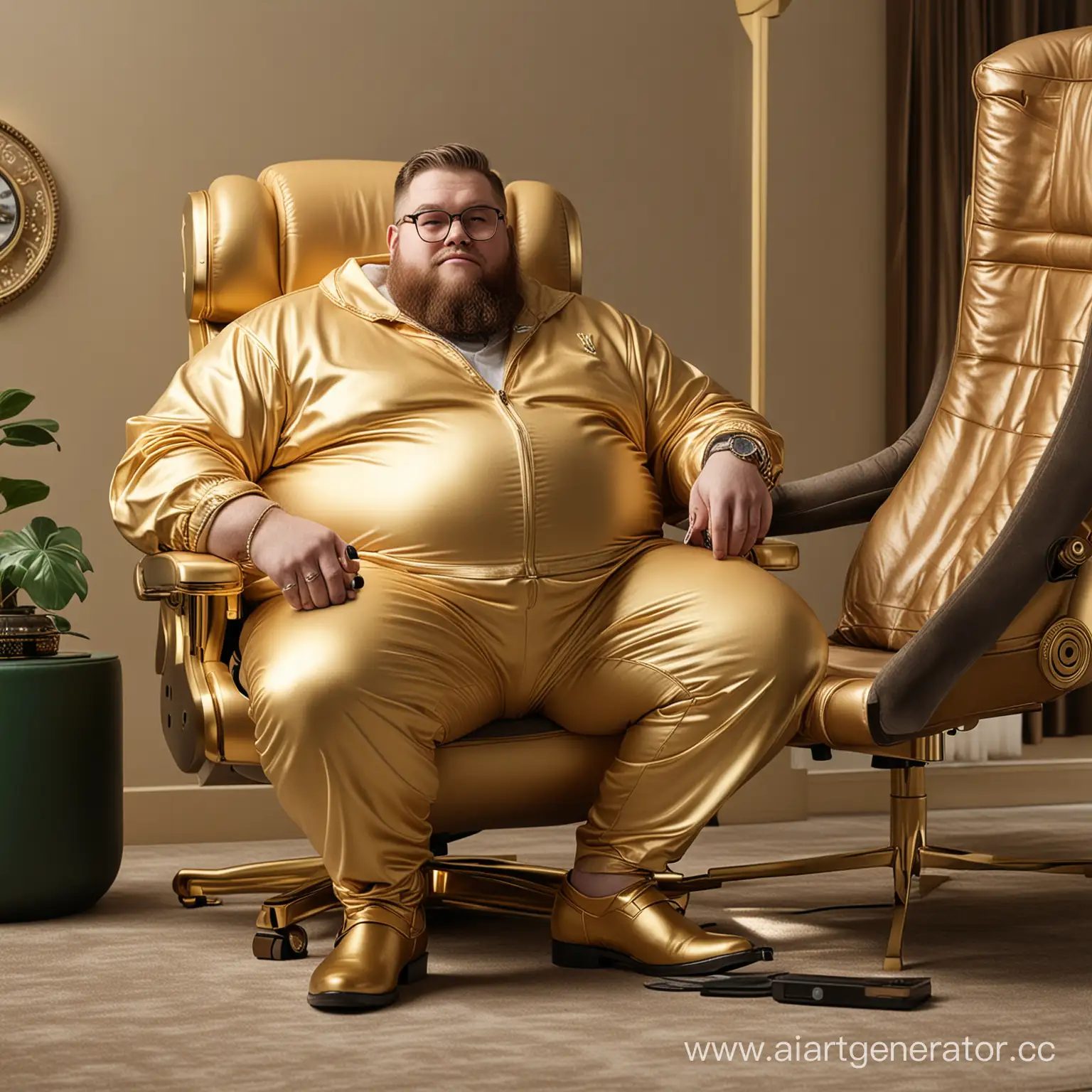 Жирный мужчина богатый в часах Rolex и наушниках Airpods сидит за золотым игровым креслом