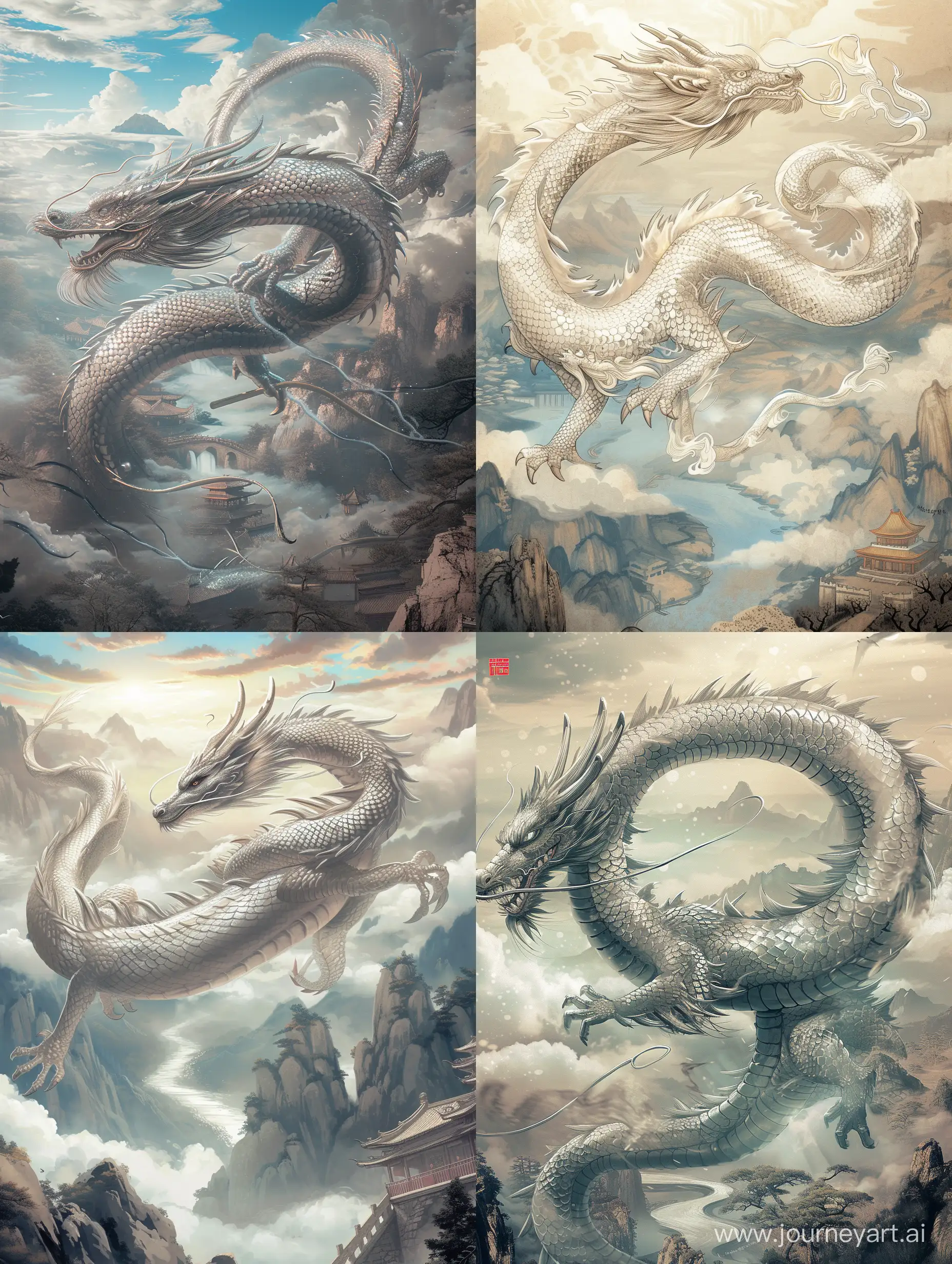 Chinese zodiac dragon, silver-scaled, soaring above clouds. Highlight its majestic presence with shimmering scales in the sunlight. Ink wash painting style with a backdrop of traditional Chinese mountains and rivers. High resolution,