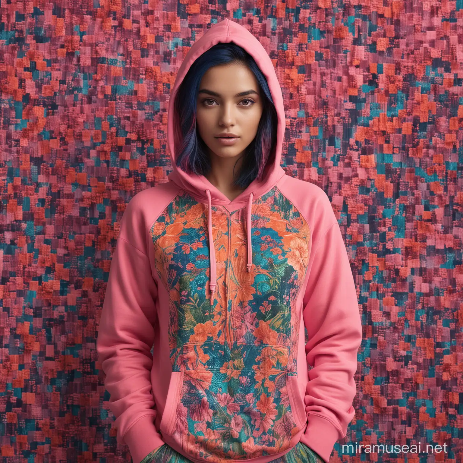 create a fashion collection of hoodie showcasing the essence of elegance and movement. Experiment with vibrant colors of pinks and blues and oranges and greens different draping patterns and combinations of texture and pattern and hues to evoke the dynamic energy of movement . goal is to inspire a fresh, edgy, elaborate and over the top designs that are still chic and modern looks that celebrate individuality and self expression and futuristic
