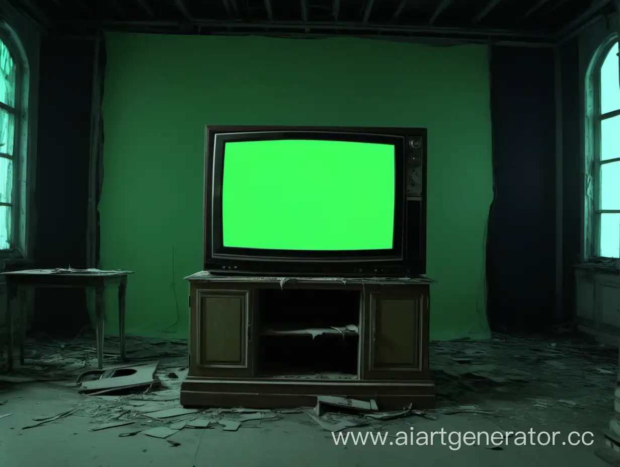 An abandoned house. Old worn-out furniture. An old green-screen TV (Chromakey) stands upright. Old windows with green glass (Chromakey). The walls and furniture are gloomy and gray. Dim lighting. High detail 4K