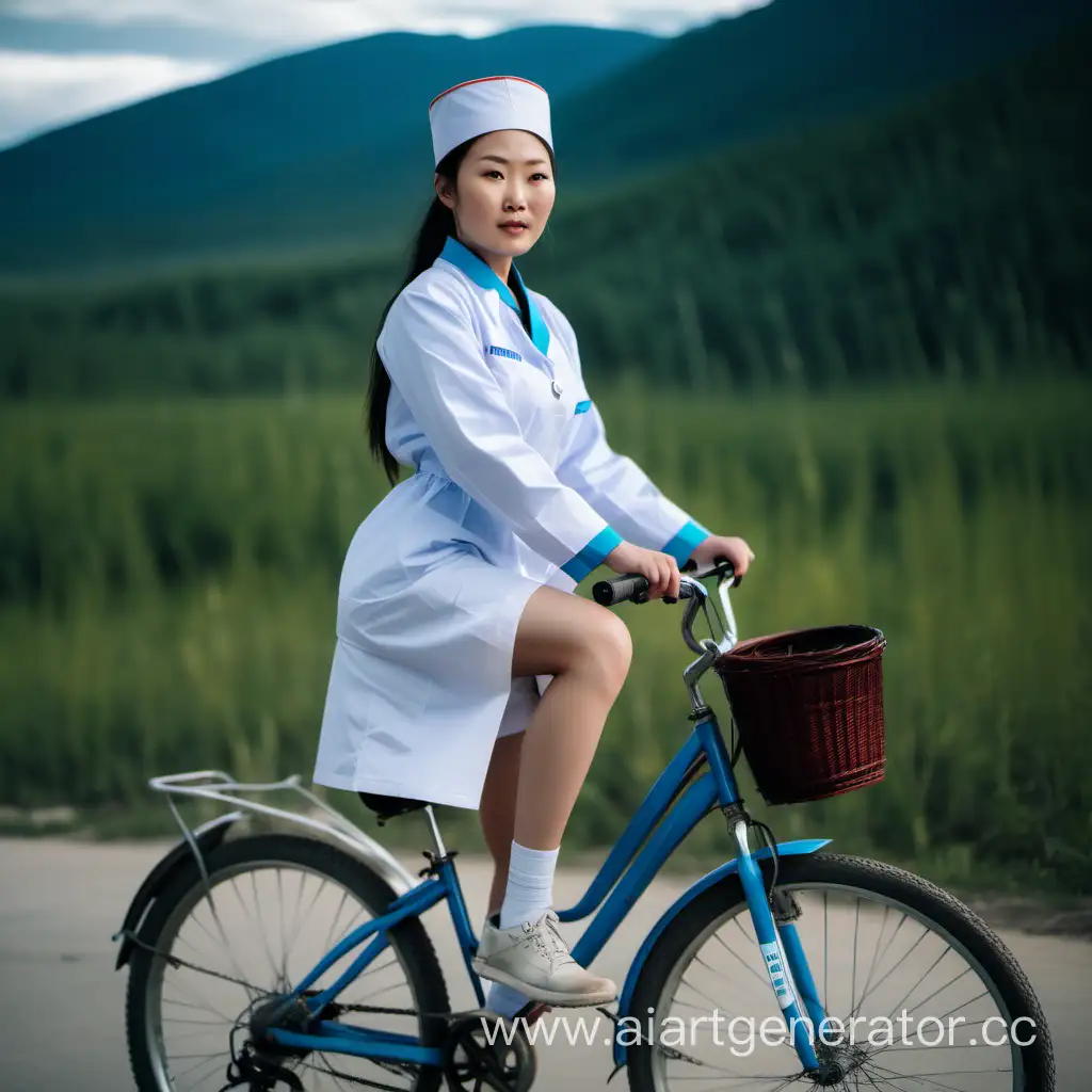 Young Buryat nurse with bare knees and long sleeves rides a bicycle