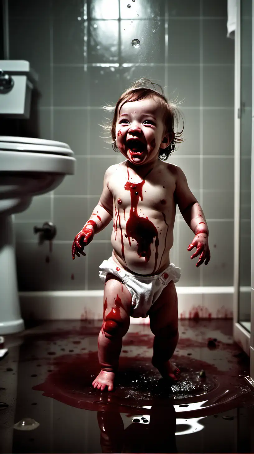 Subject: A happy, laughing, toddler, wearing a diaper, plays in a puddle of blood

Setting: bathroom 

Style: sinister, ominous, unnerving, moody, cinematic lighting, hyper realistic,  
