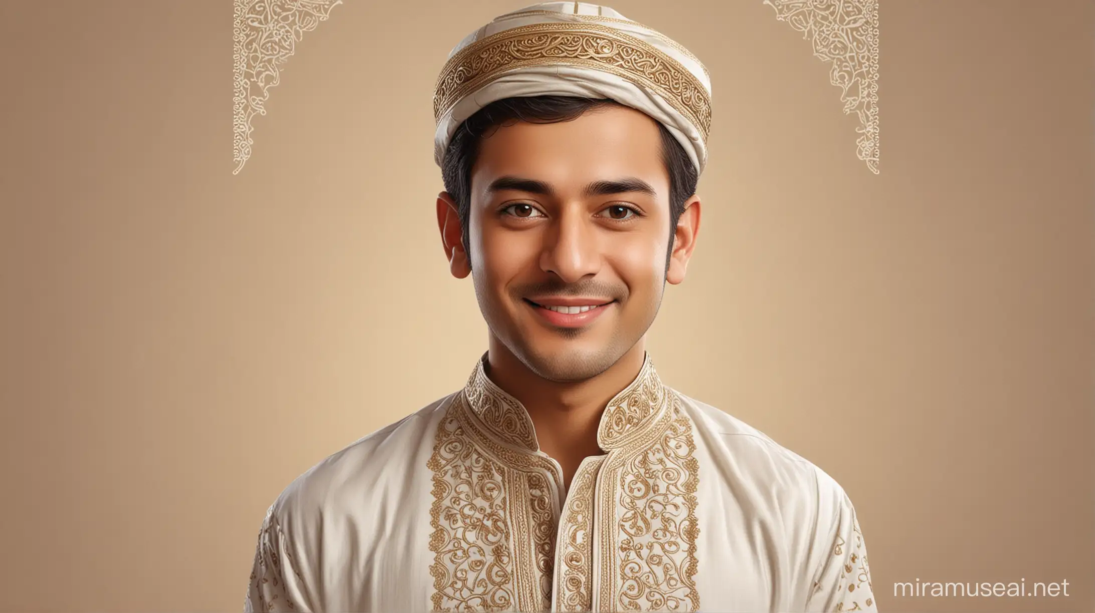 "Design realistic greeting card featuring a 30-year-old Pakistani boy dressed in traditional Islamic clothing, extending warm congratulations to all Muslims on the occasion of Eid-Al-Fitr. Let his sincere expression convey the joy and unity of this festive celebration. In the background, elegantly incorporate the message 'Eid-Al-Fitr Mubarak blessings and happiness. to spread Subtly integrate the trademark 'Faisal Qureshi' into the design, ensuring it complements the overall. Eid Mub