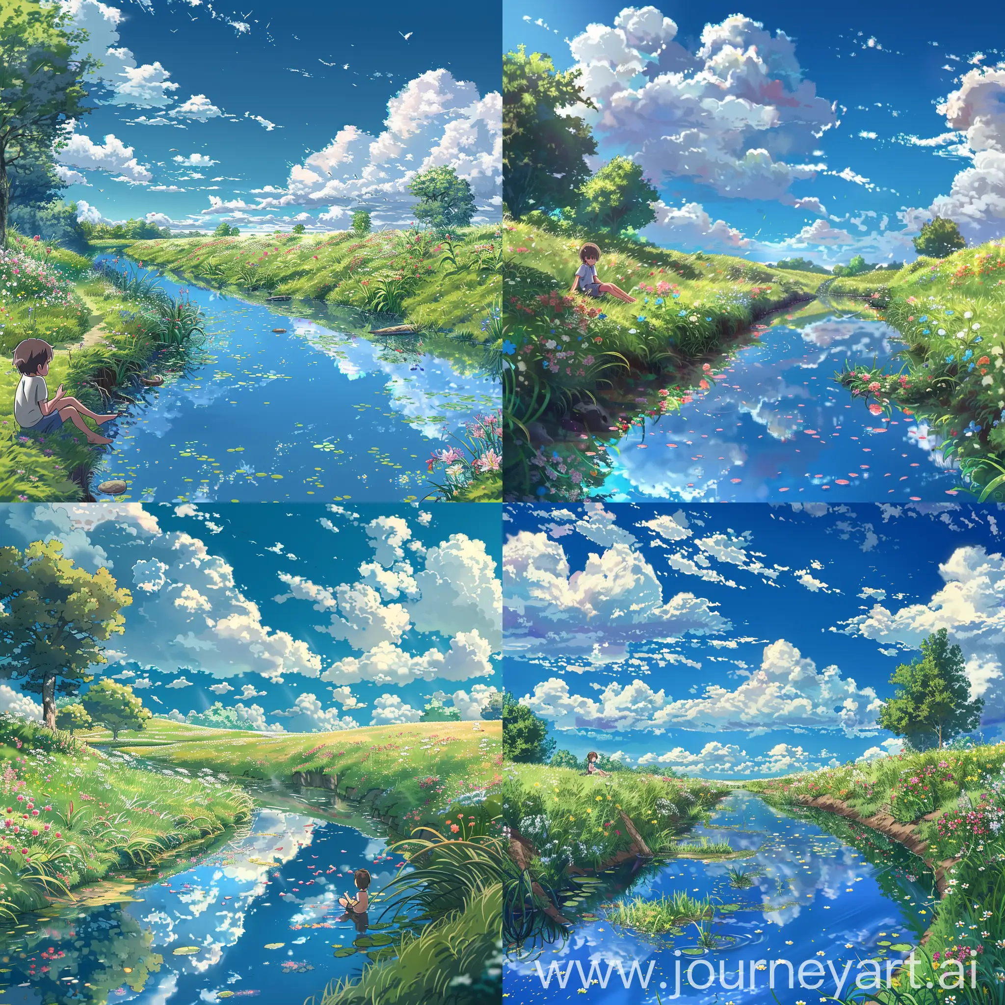 Tranquil-Summer-Afternoon-by-the-Riverside-Makoto-Shinkai-Inspired-Anime-Scenery-with-Blossoms-and-a-Reflective-Stream