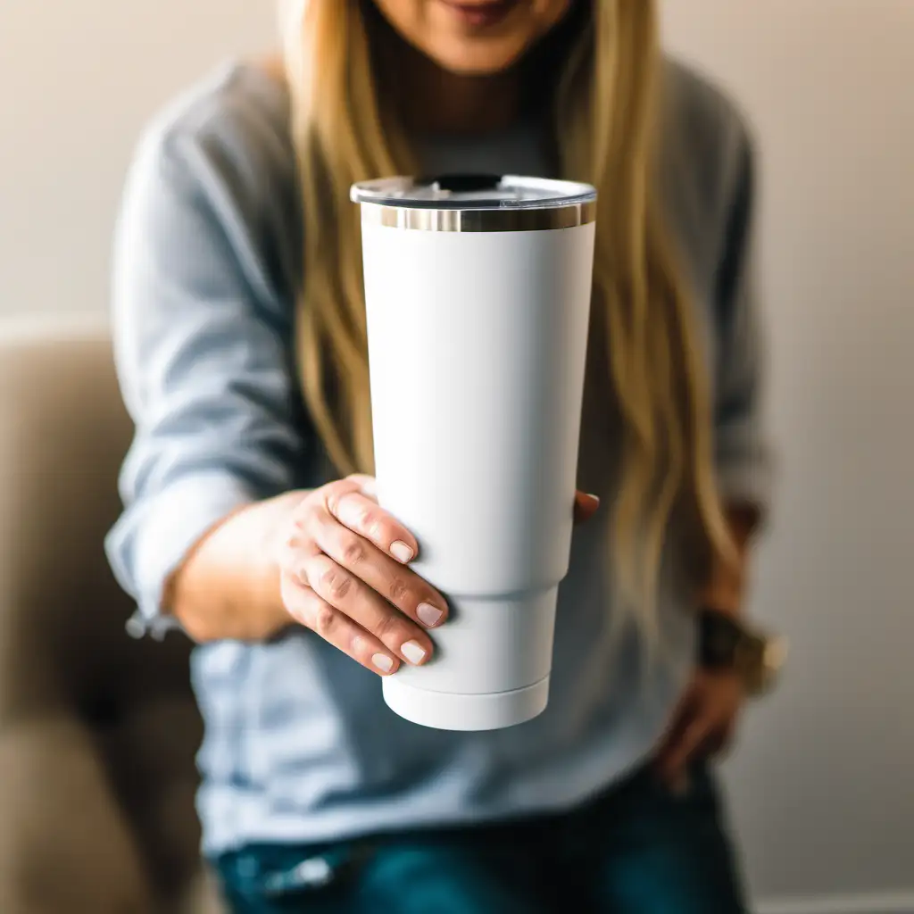 a woman holding a 20 oz  white blank tumbler for mock up -
