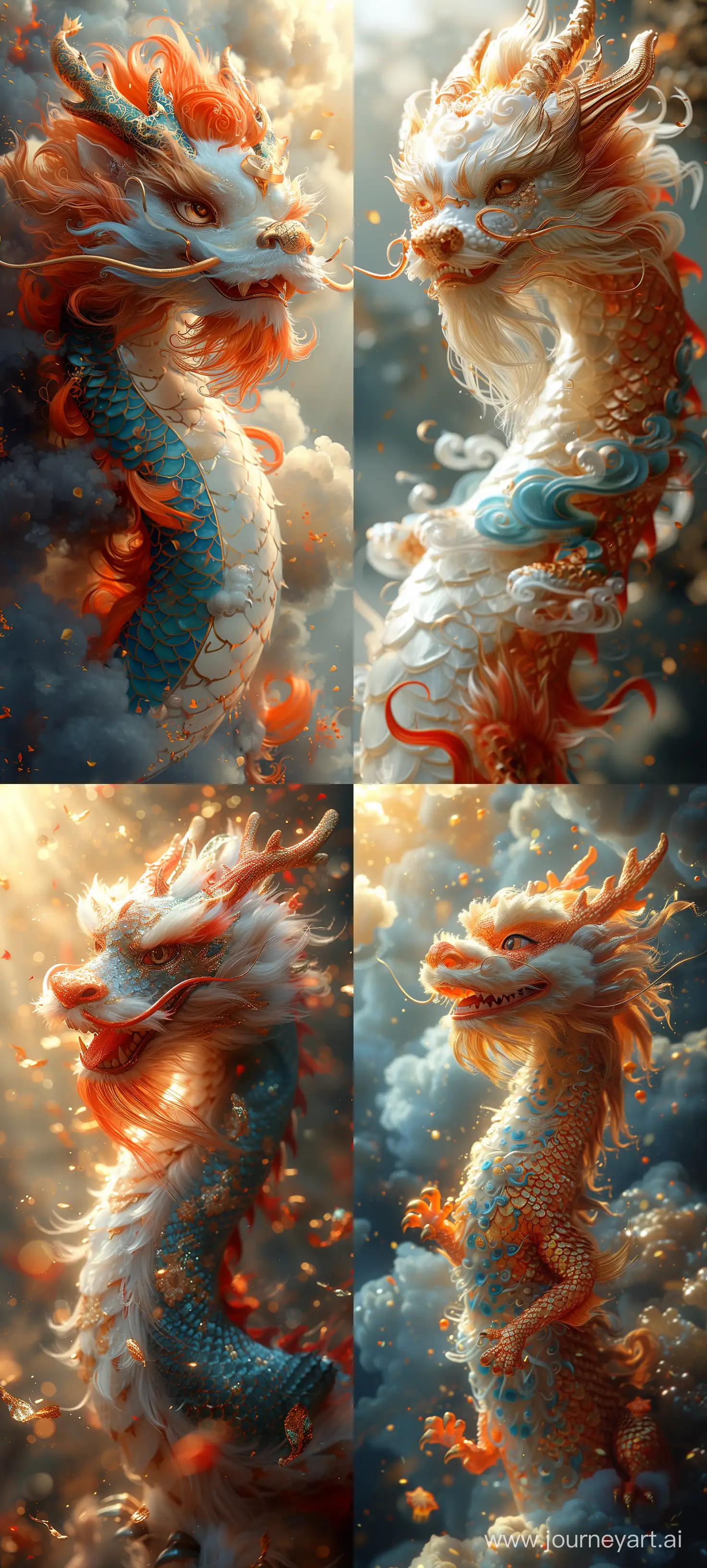 Cute happy Chinese dragon painted by James Jean, Chinese New Year atmosphere, sunlight filtering through, golden auspicious clouds,close-up, abstract simple lines,hd quality, illustration, Multi-color, advanced color matching --ar 9:20 --s 1000 --v 6.0
