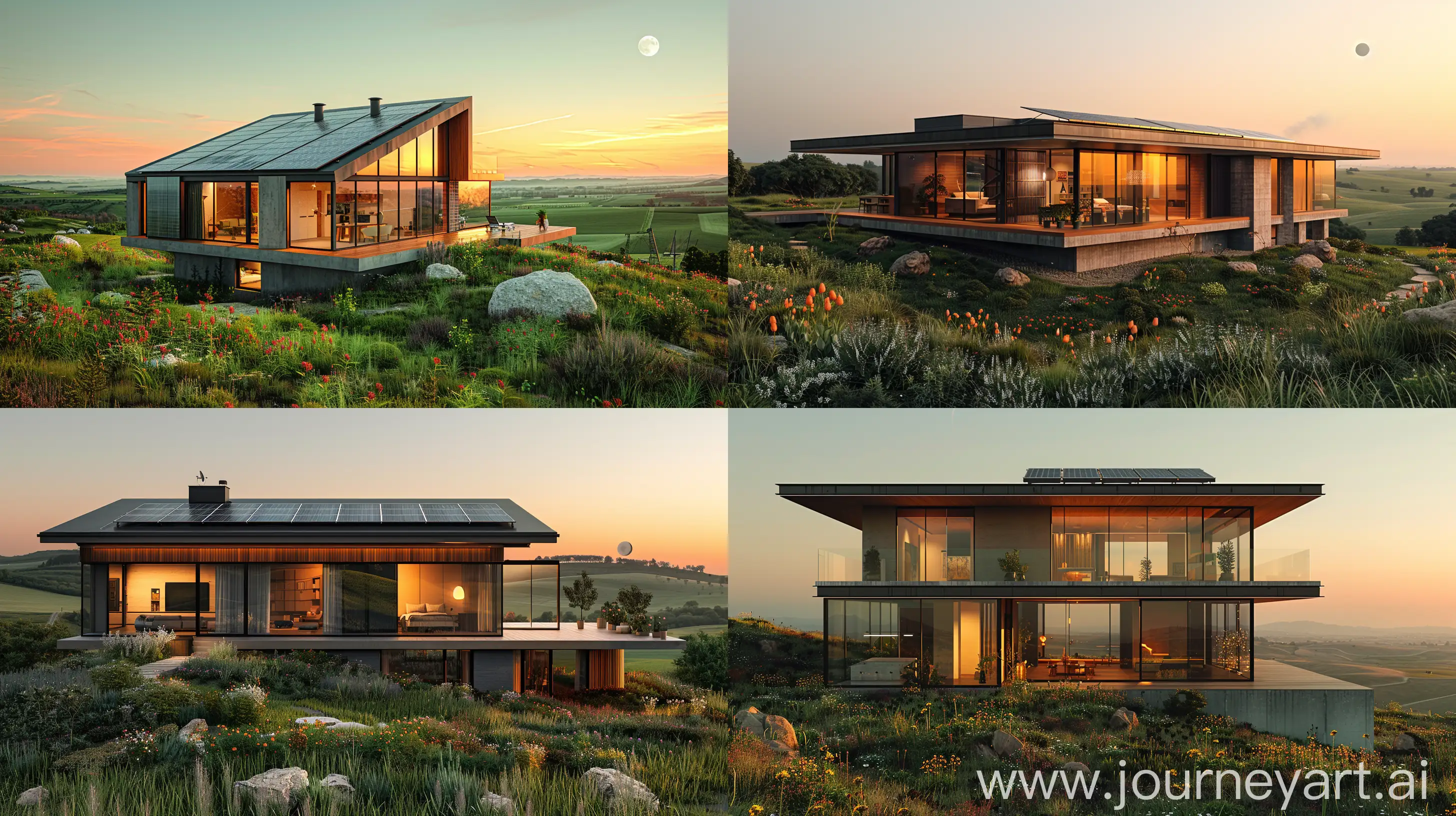 high quality 5k realistic photo of a modern house with solar system on rooftop perfectly place in the middle of the frame arurrounded by green landscape, image is moody with mellow brown, Orange gradient colours, the house hard angles, glass and concrete. the there is small flowers around the small hills and fields, grass and rocks. the skyline is clear and a mellow sunset, you and see the moon to the right, porta 400 style --ar 16:9 --v 6.0 --s 750 --chaos 1 --weird 1