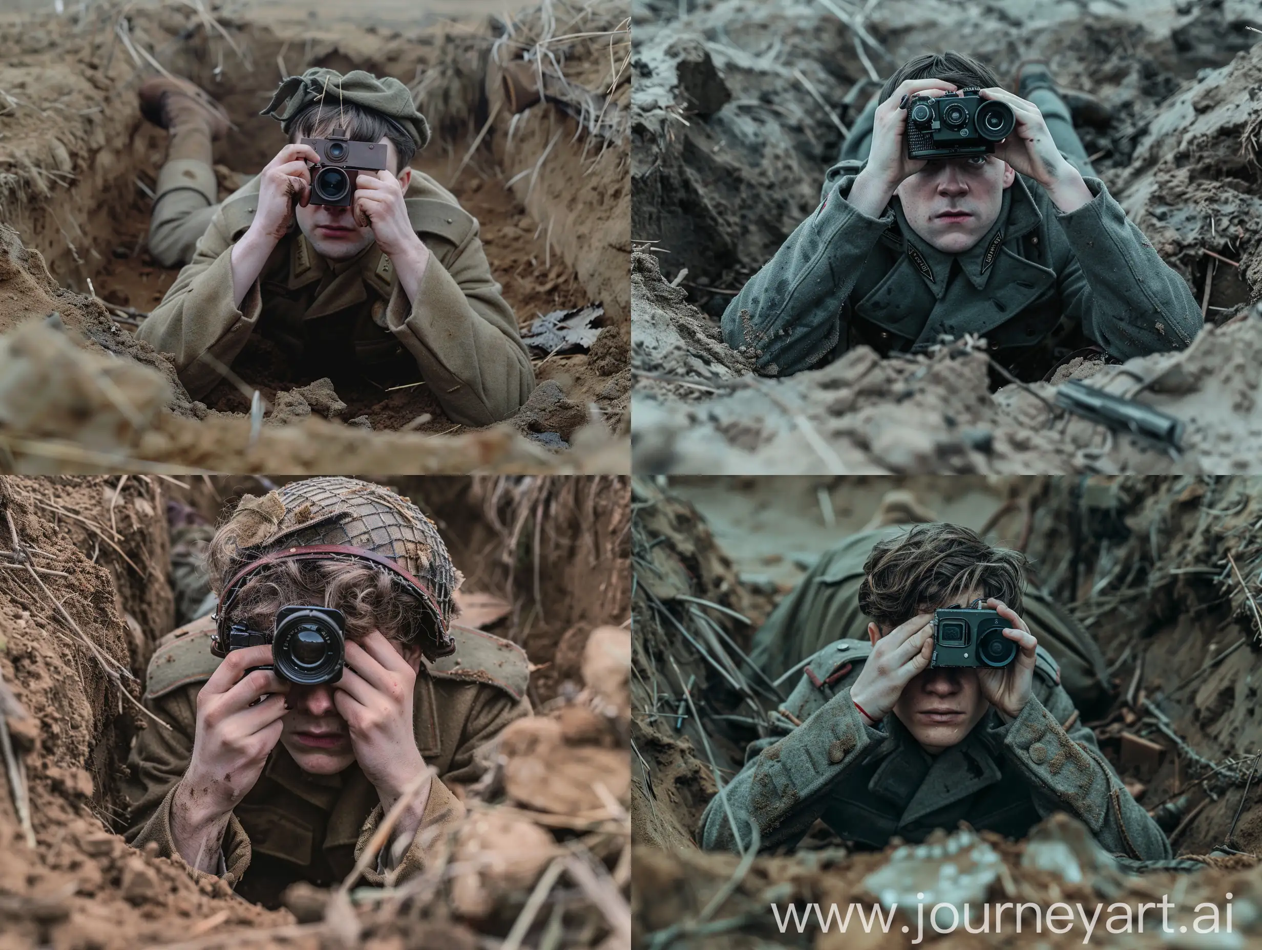 WW2-British-Soldier-Neville-Longbottom-Observing-Enemies-from-Trench-with-Military-Hunting-Camera