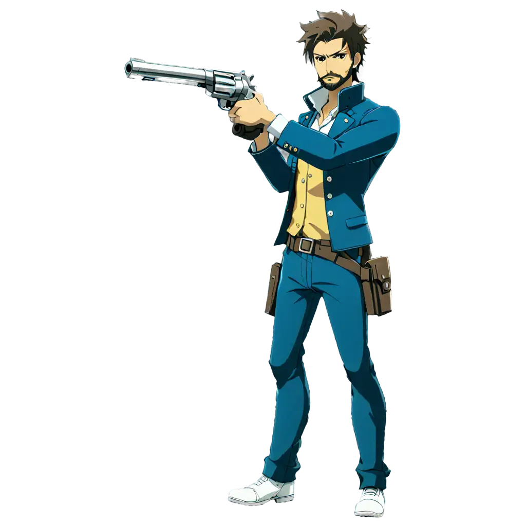 ANIME CHARACTER WITH SIDEBURN AND BEARD HOLDING A REVOLVER