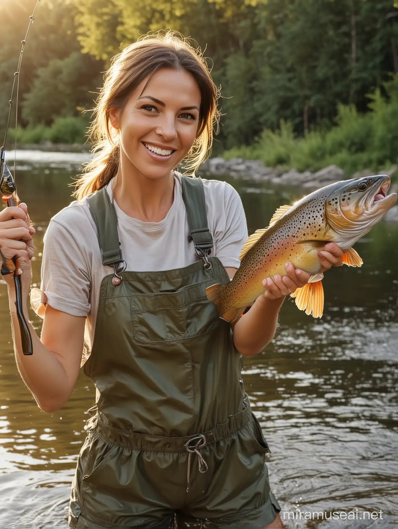Caucasian 35 years old woman as happy fisherwoman, caught a trout fish, portrait with happy expressions, holding up caught a big fish on hook, wearing small top and shorts, looking straight to camera, river and forest in the background, sunrise, ultra realistic photograph, vivid colors