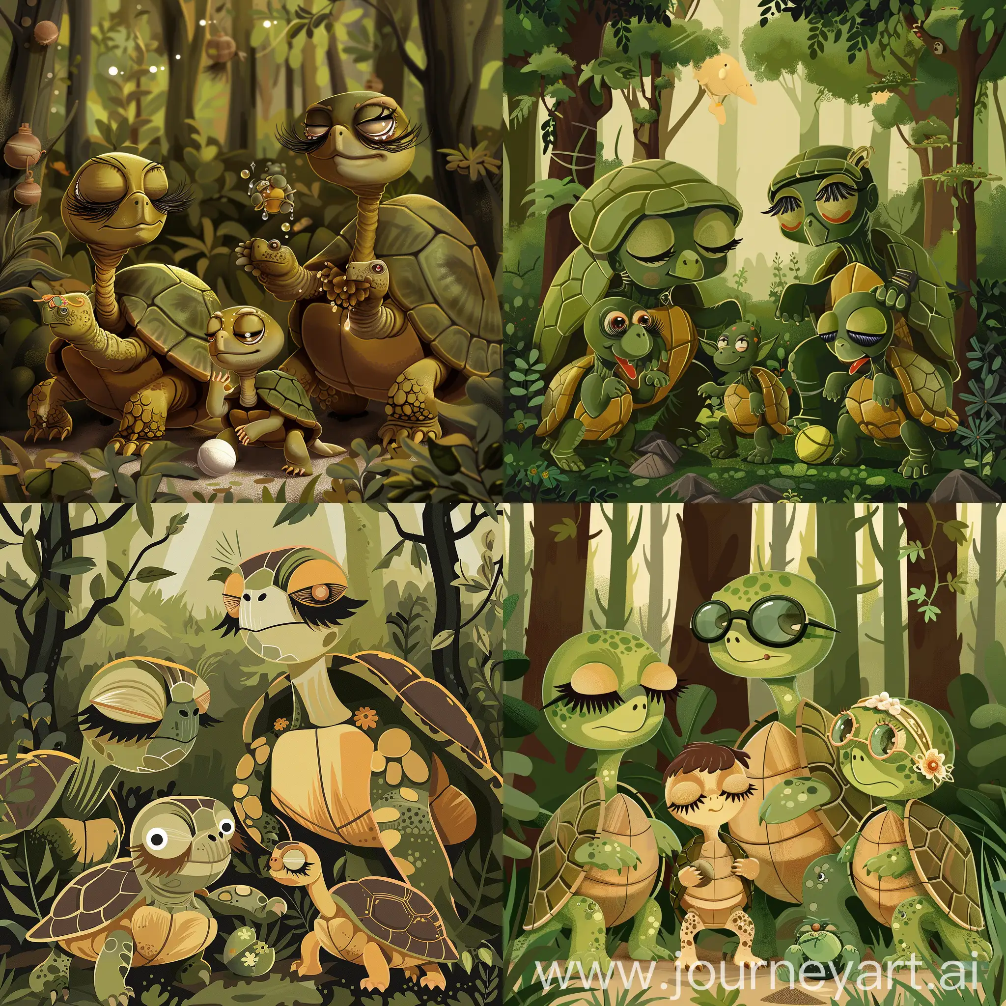a family of four turtles in the forest, the father turtle with a distinguishable masculine feature, the mother turtle adorned with eyelashes and feminine makeup, the son turtle playing with a ball, and the daughter turtle resembling her mother with eyelashes and makeup, high attention to detail, high creativity, 8k quality, simple vector, fantasy style