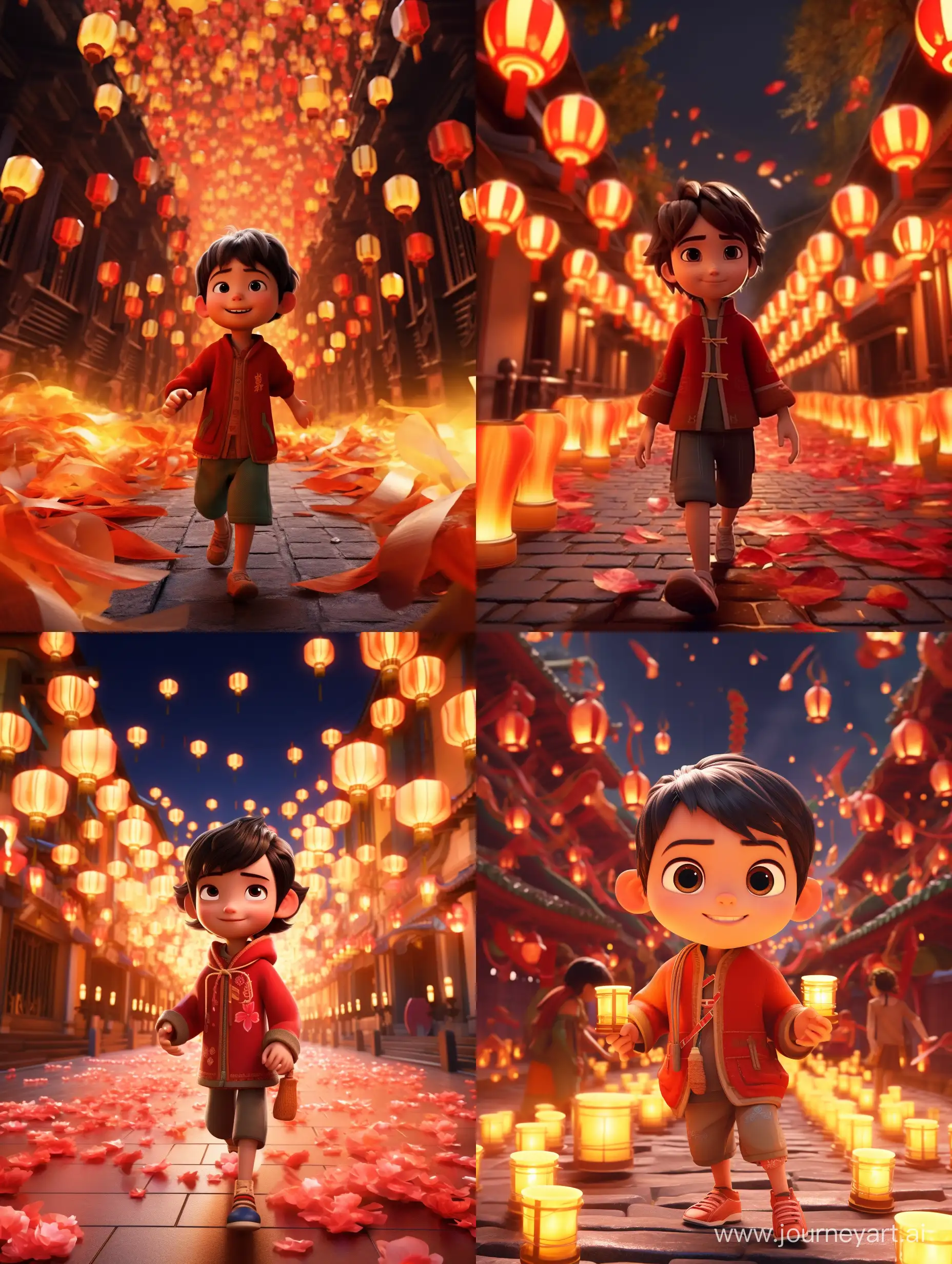 中国新年的氛围，一个小朋友穿着喜庆的衣服逛灯会，高清画质，皮克斯动画风格