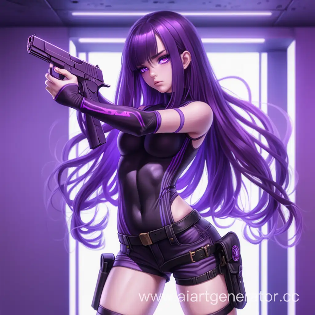 digital art, a girl with purple long hair, purple eyes, in shorts and a tight bodysuit with a gun, full height