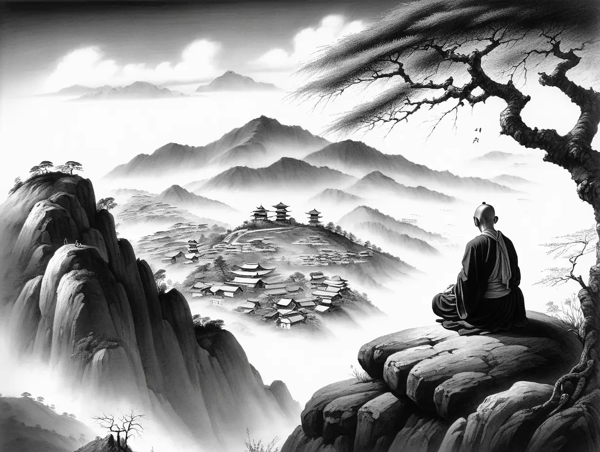 Serene Eastern Ink Painting Meditating Monk Overlooking Village