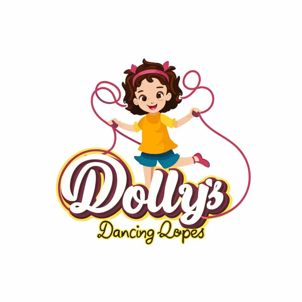 logo, caucasian curly brown hair little girl named Dolly with Jump Rope, with the text "dolly's dancing ropes", typography