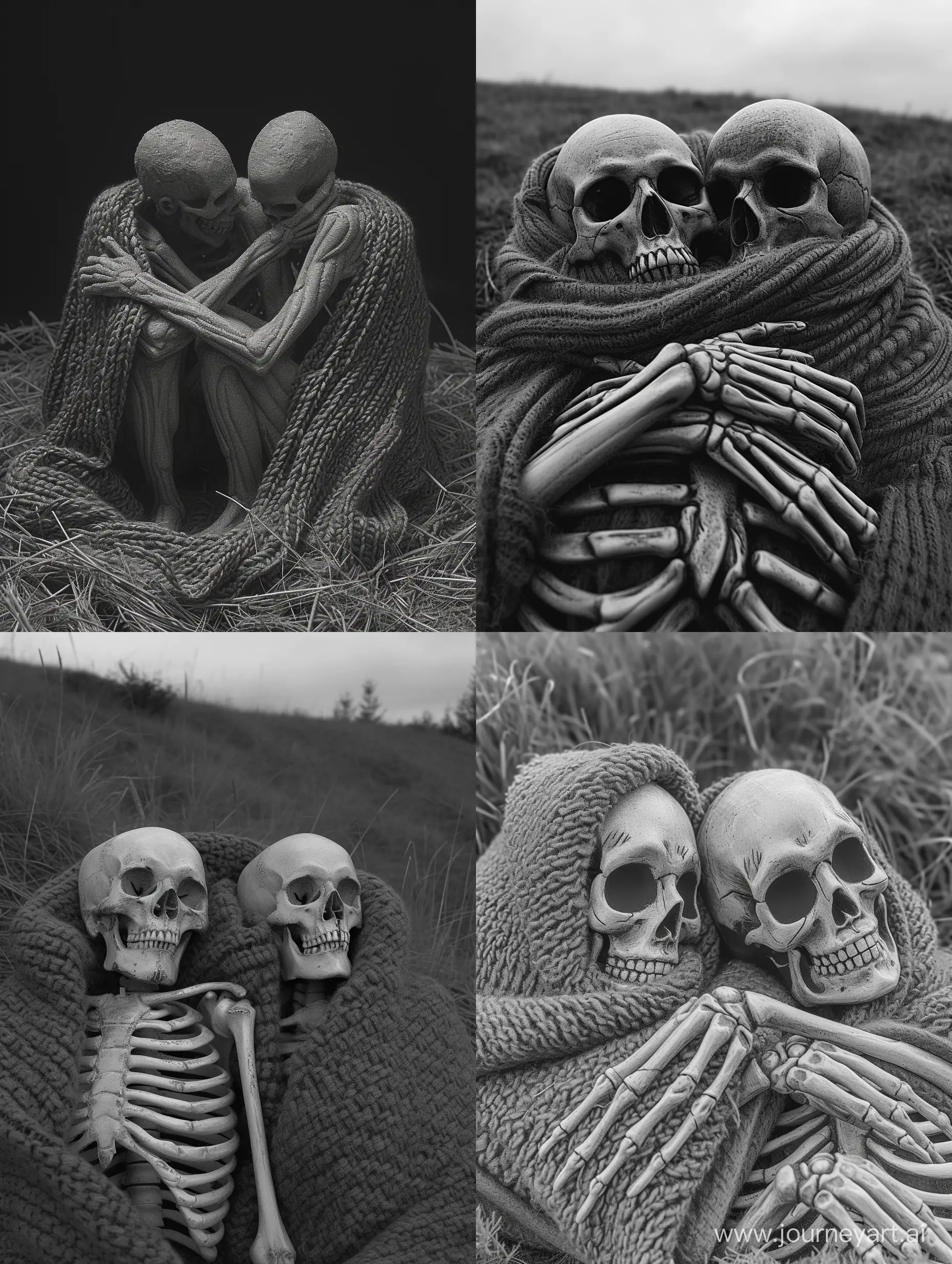 Grayscale image of male and female skeletal figures wrapped snuggly together in a wool blanket. They are lying in a field, dark aesthetic, taken on provia