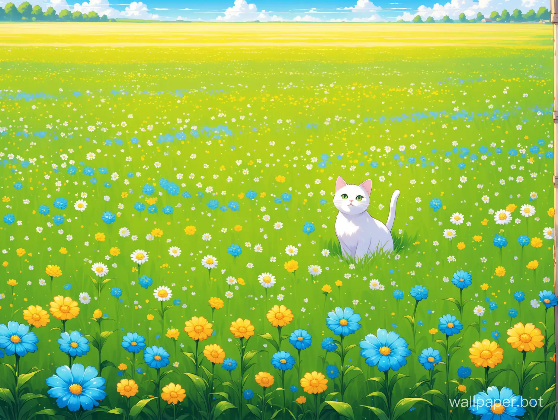 Draw a wallpaper that shows a large field with white, green, yellow, blue flowers and a cat sitting in the distance on the side of the field