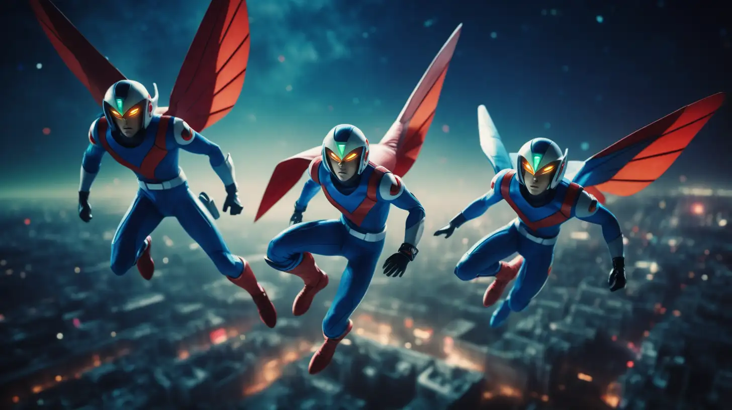 2D, cinematic night time film still, Flying, Top View, A Four male team, full Body, Gatchaman, Battle of the Planets, G-Force, Science Ninja Team, Dystopian ruins, shallow depth of field, vignette, highly detailed, high budget Hollywood movie, bokeh, cinemascope, moody, epic, gorgeous, film grain