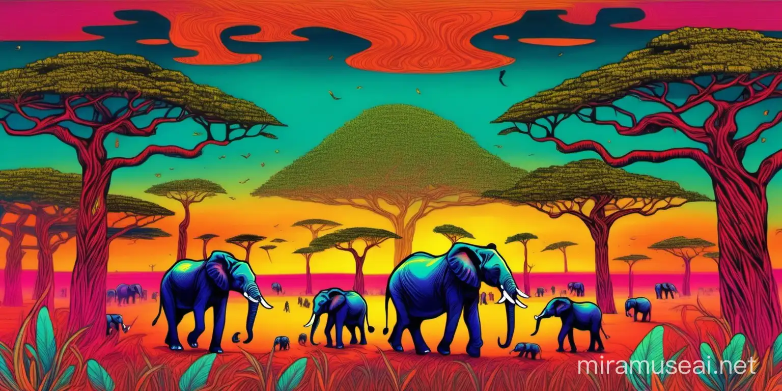 a surreal African savanna landscape; vibrant colors with elephants and wilderbeast