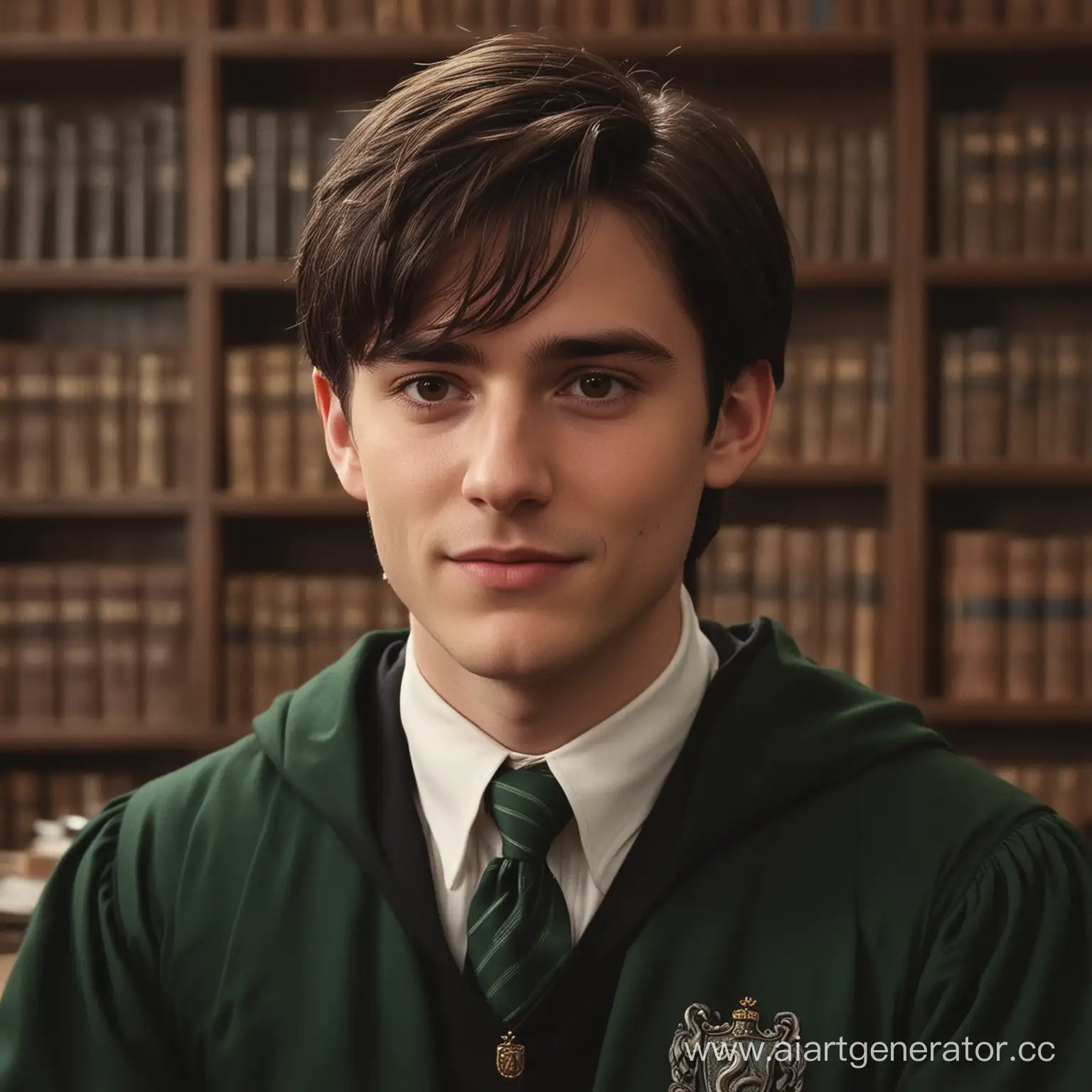 young male from Hogwarts screencap dialogue film scene, Slytherin student , square face, dark  hair, light brown eyes, He's sitting in the library, looks like Ireland, smirk