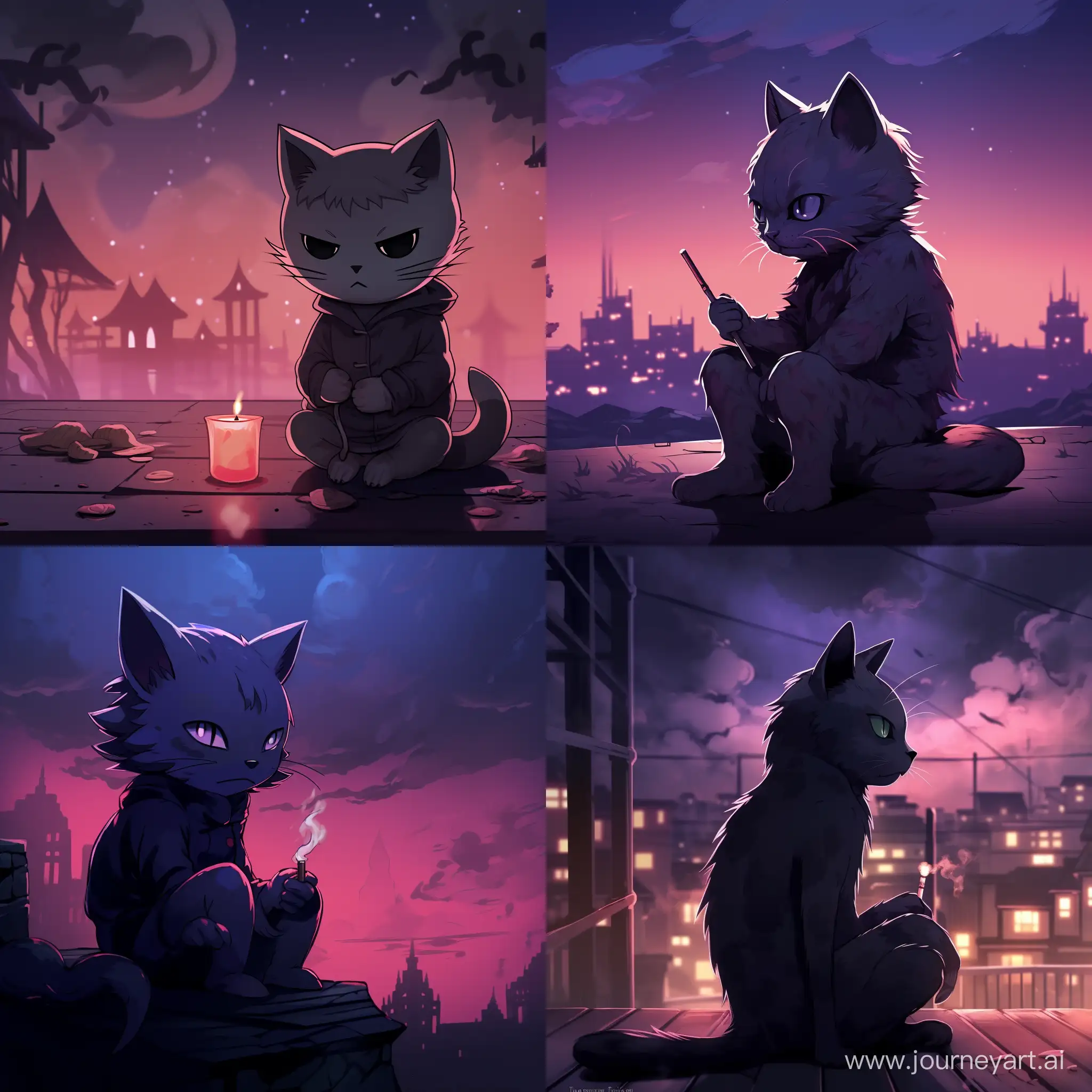 sad cat smoking with night background in anime style