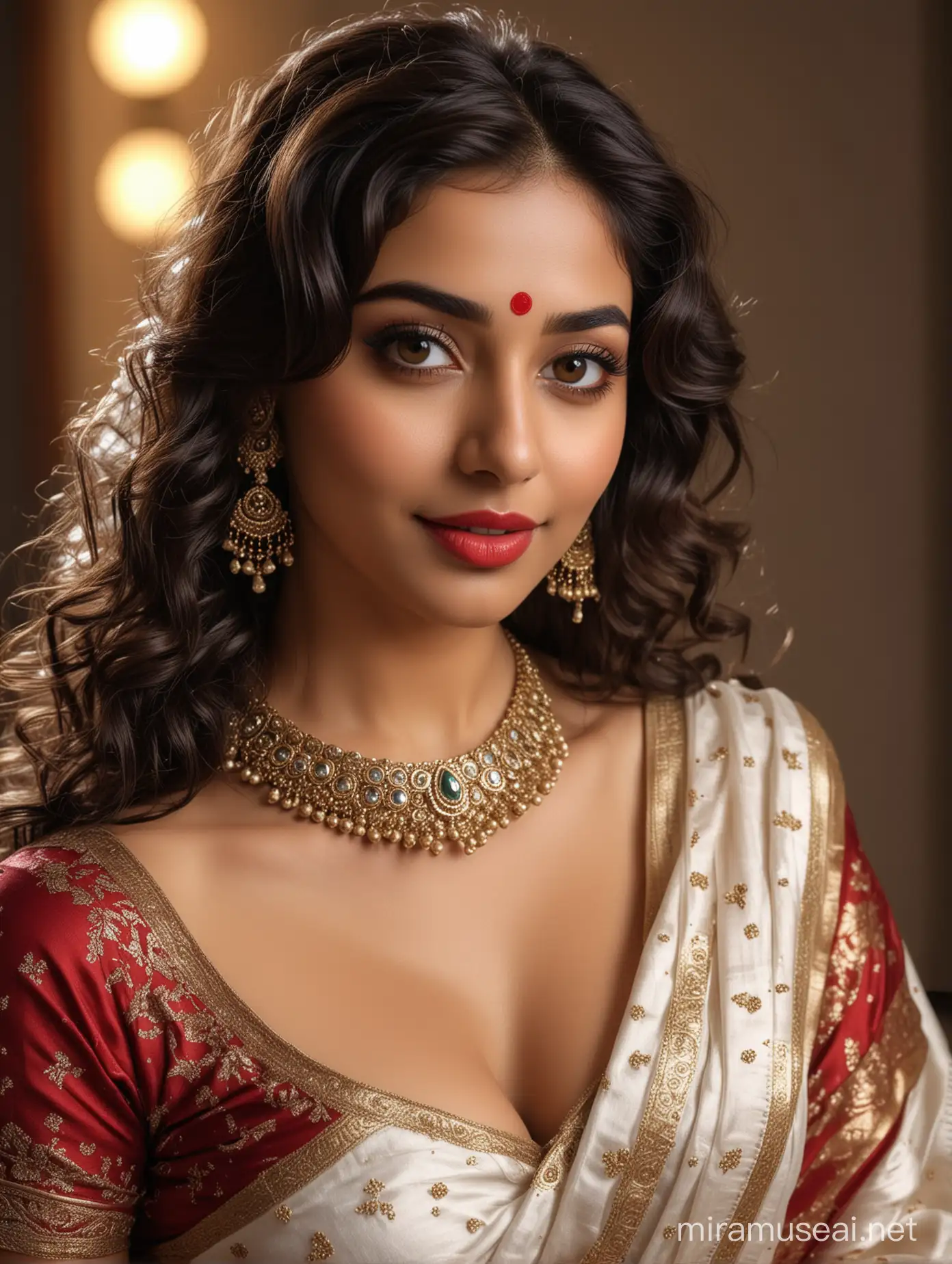 full body photo of most beautiful european woman as beautiful indian woman, big wide  black eyes with eye makeup,  thick long curly hair , face completely bent down, wide big eyes, brows raised, eyes looking up, looking back over shoulders, innocent alluring sexy looks, shy wide smile, intimate looks, bridal makeup, full body jewelry, perfect symmetric face and eyes, full breasts, glossy dark red lipsticks, intimate alluring smile, come get me looks , vulnerable i am yours feeling in looks, elegant traditional  modest saree  , elegant look, biting lip with ecstasy, 
 blushed cheeks, intricate details, photo realistic, 4k.
