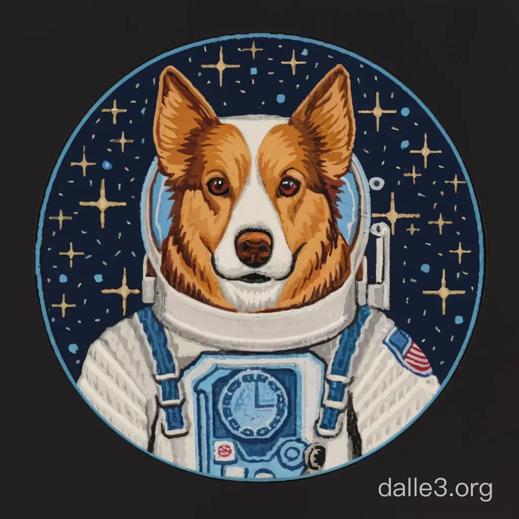 Вышивка собака коли космонавтс российским скафандром  в скафандре в открытом космосе отражение звез