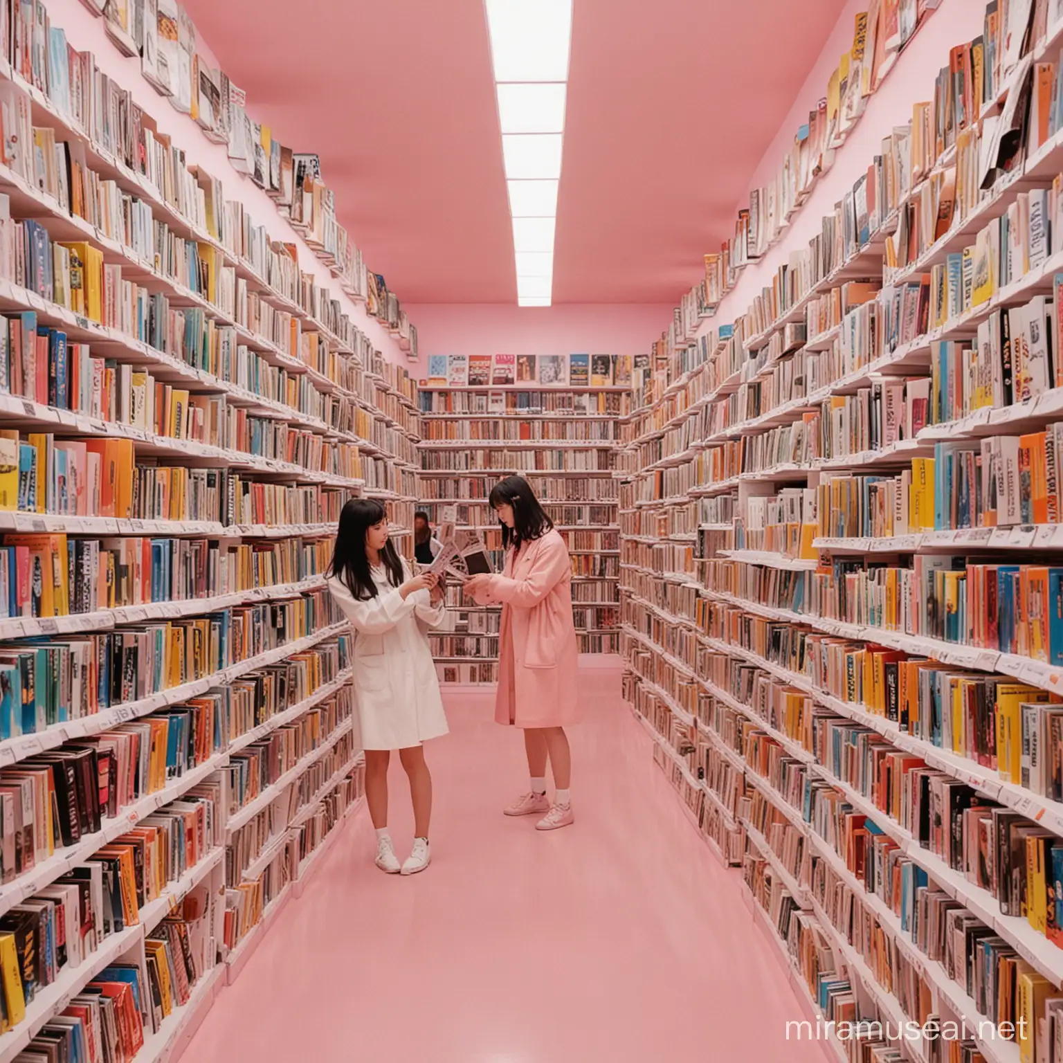 people in a commercial inside a brightly rainbow colored museum flipping magazines in small stacks. the magazines are colorful japanese decora 90s fashion magazines