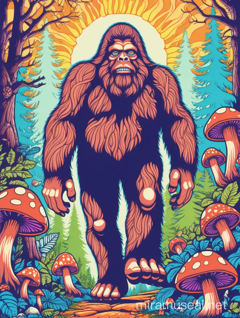 create a design of a bigfoot head surrounded by mushrooms in a psychedelic scene. Bigfoot is tripping on acid with an affable and not threatening visage. flat lay, vibrant colors adding to the psychedelic vibe of the design, to be used in a t-shirt