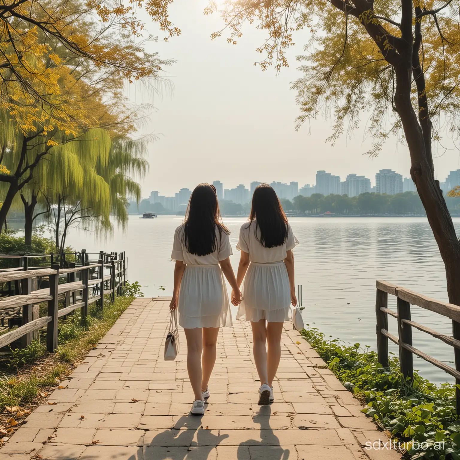 中国女孩在西湖边散步