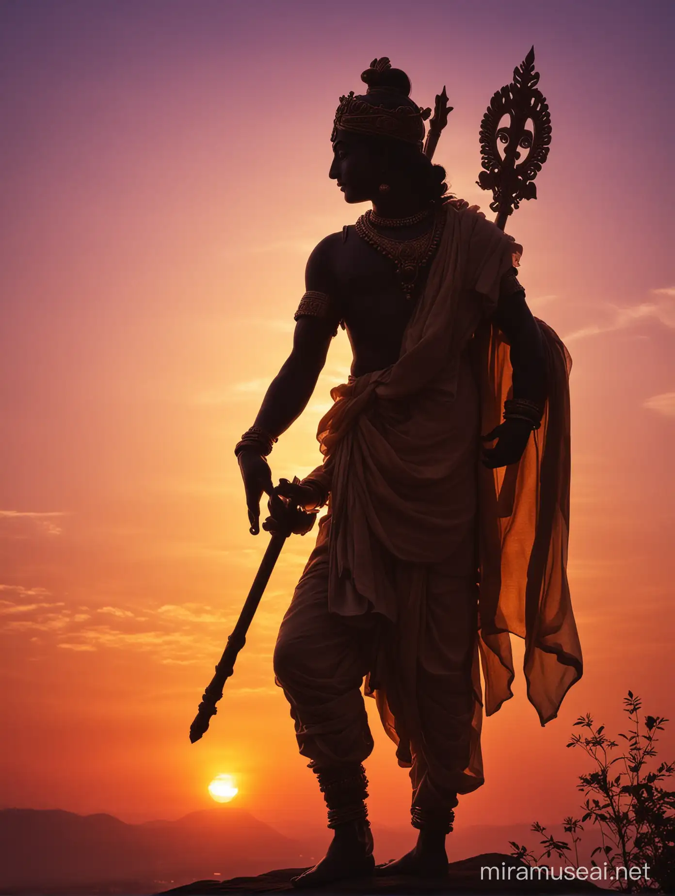  silhouette of Lord Krishna against a colorful background or sunset could create a visually striking image, symbolizing his divine presence and wisdom.