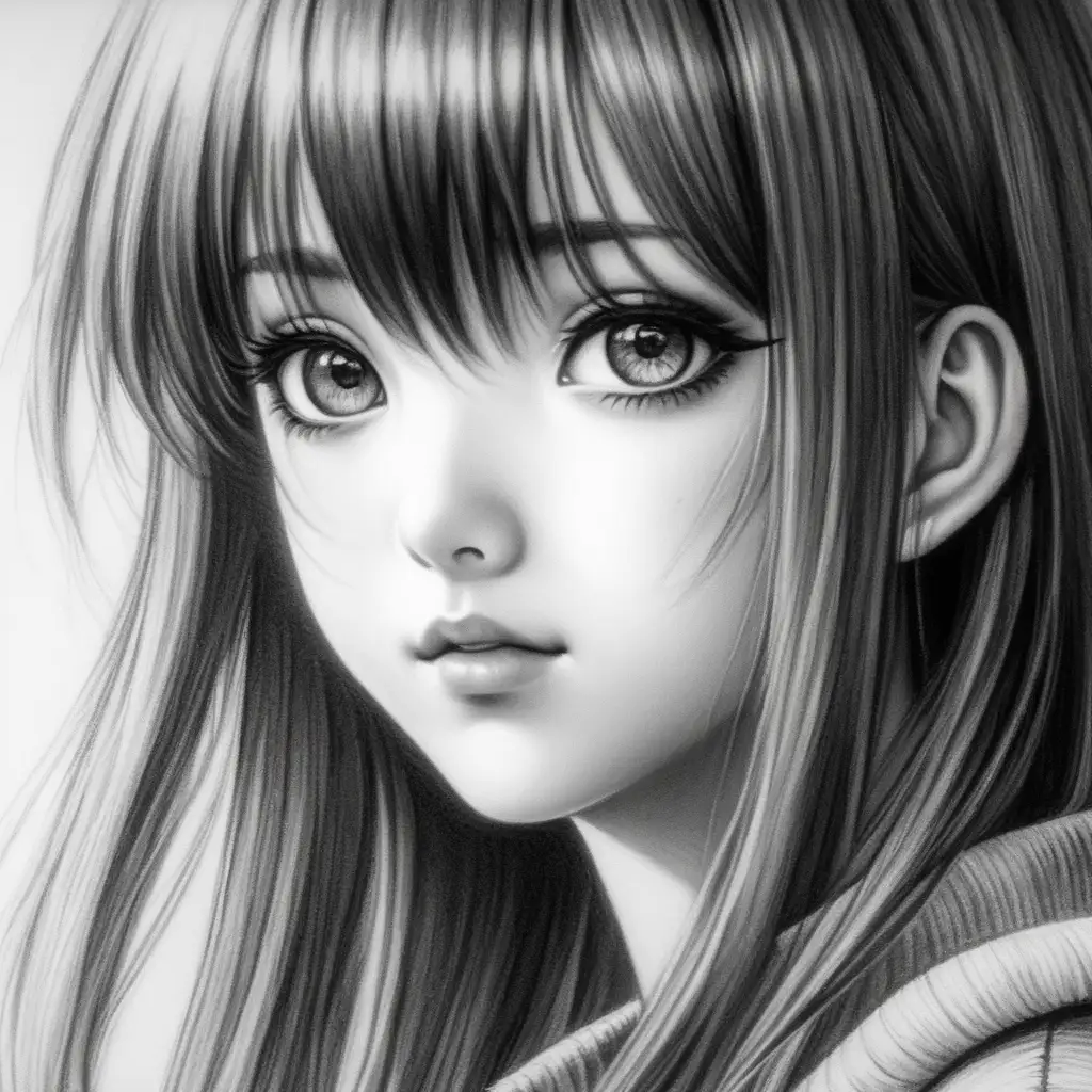 Captivating Charcoal Sketch Portrait of Anime Girl Delicate Features and Expressive Eyes