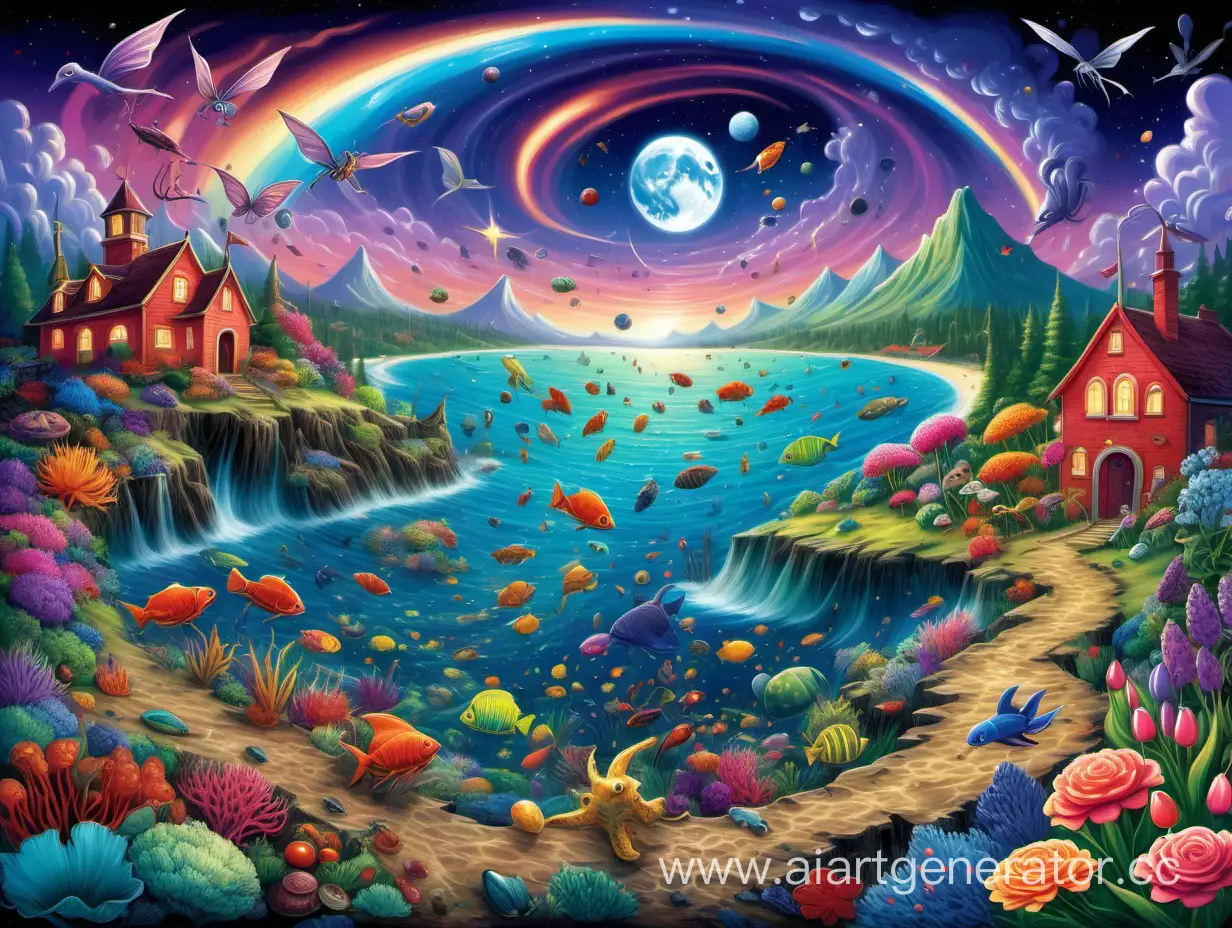  An underwater scene with a night sky and the Aurora Borealis Northern Lights, lots of colourful stars, colourful ringed planets, a spiral galaxy with two colourful moons,   with colourful moonbows and a colourful tornado with multicoloured lightning,   over an erupting volcano, a glacier, colourful mountains,  a waterfall,  coral reefs,  a colourful Disney fairy-tale palace and a colourful Tudor village  and  colourful rose bushes, cherry trees, sea anemones, lupins, tulips, lilies, daisies, poppies, marigolds, cornflowers, sunflowers,  crocuses, rhododendrons, hydrangeas, fuchsias, chamomile, daffodils, narcissi, clover, heather, blueberries and  cranberries, and colourful fungi,, seaweed , sea sponges and coral  and colourful birds, bats, butterflies, moths, fireflies dragonflies, fish, seahorses, sharks, rays, crabs, spiders, snails, octopuses, starfish , hermit crabs, snails, lobsters, scorpions,  and jellyfish   in a coral reef community under the sea. 