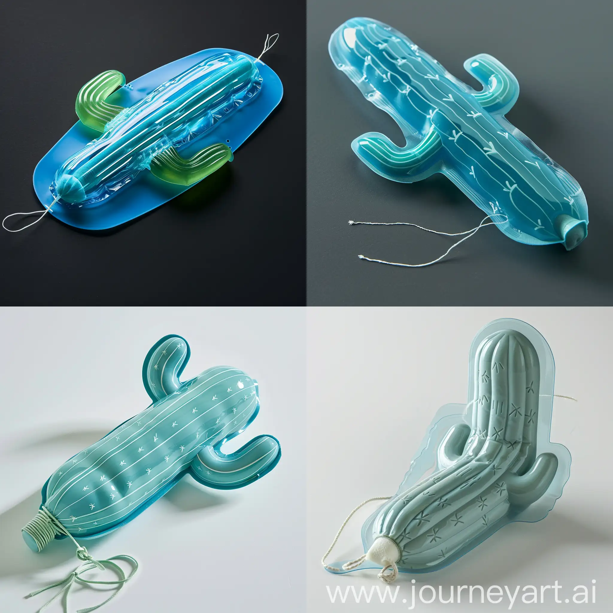 a tampon product in the shape of a cactus, in a blue plastic cover, laying down on its side, with a string coming out of the bottom of the cactus