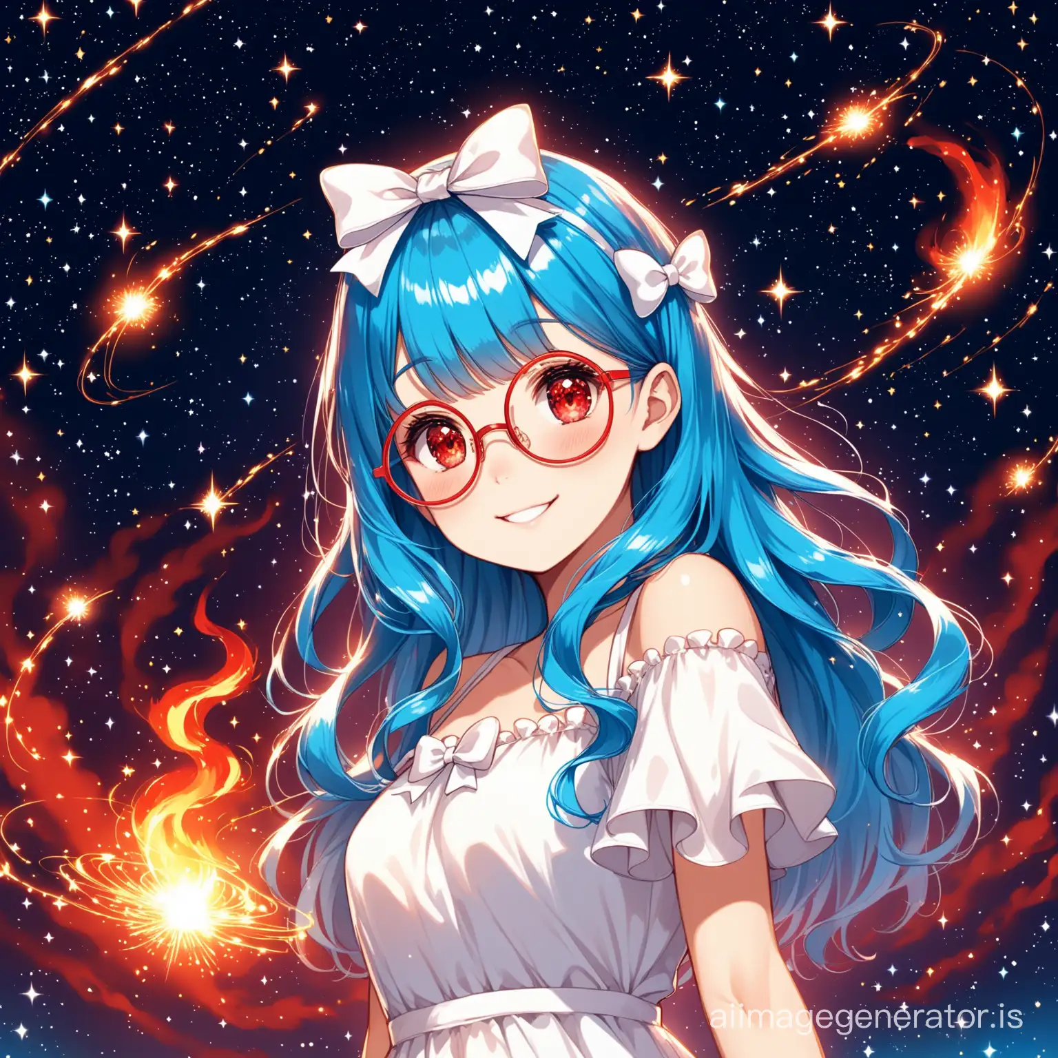 The girl with blue hair, her hair shimmers red, she has red eyes, in big round glasses, in a beautiful black and white dress, her hair is slightly curly, on her head are 2 cute white bows, she is smiling, in the background there are a few sparks resembling fire, in the background there is a starry sky and the outline of another galaxy of red color.
