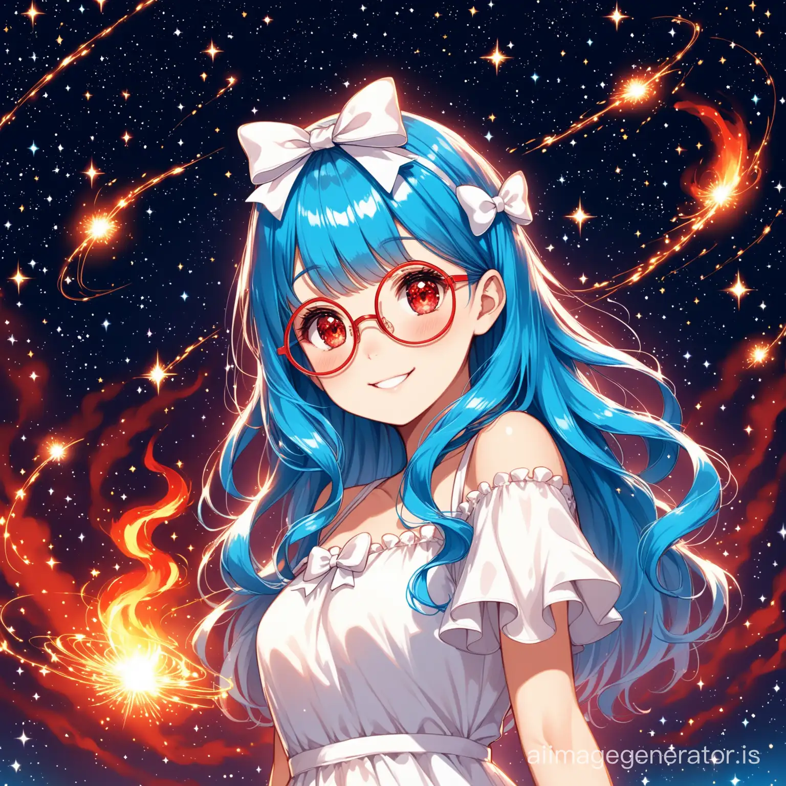 Smiling Girl with Blue Hair and Red Accents in Starry Galaxy Background |  AI Image Generator