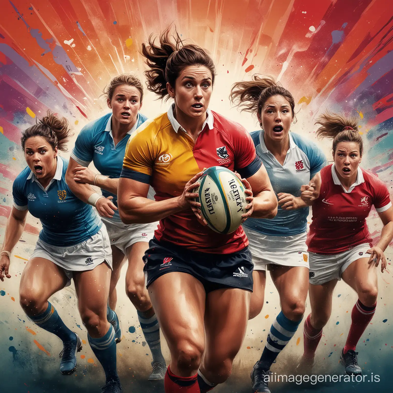  A striking movie poster for "The Art of RUGBY" features a diverse group of RUGBY WOMEN icons, each holding a unique work of art that symbolizes their respective movements and struggles. The background is an energetic and bold color palette, with a mix of abstract and realistic art styles. The overall atmosphere of the poster is inspiring and empowering, as it celebrates the power of art and creativity in the face of adversity. 