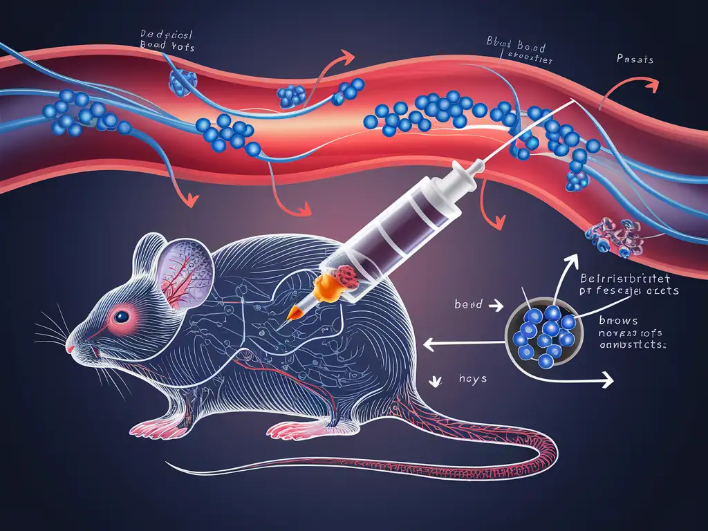 标题: "纳米粒子在治疗阿尔兹海默症中的作用机制"

背景: 一个半透明的小鼠身体轮廓，可以清晰地看到内部的循环系统和脑部结构。

尾静脉注射: 在小鼠的尾部有一个注射器图标，注射器的针头插入小鼠的尾静脉，纳米粒子以小圆点或球体的形式被注入。

血液循环: 纳米粒子通过血液流动，可以用一条蓝色或红色的血管表示，纳米粒子沿着血管流动，用箭头指示方向。

脑血管内皮细胞: 脑部区域的血管壁被放大，显示内皮细胞的表面，上面有受体的图示（可以用小的球形或棒状图标表示）。

纳米粒子与受体结合: 纳米粒子与内皮细胞表面的受体结合，用虚线或实线箭头表示结合过程。

纳米粒子进入脑部: 纳米粒子通过受体介导的转运进入脑部，可以用一个放大的脑部区域来展示纳米粒子穿过血脑屏障的过程。

淀粉样蛋白和活性氧: 在脑部区域，用不同颜色的斑块或云状图形表示淀粉样蛋白和活性氧。

清除过程: 纳米粒子与淀粉样蛋白和活性氧相互作用，用箭头和“-”符号表示清除过程。

神经元保护: 神经元以树状图示表示，纳米粒子围绕神经元，用保护性的光环或屏障图标表示保护作用。

小胶质细胞激活: 小胶质细胞以星形或分支状图示表示，纳米粒子通过调节其激活状态，可以用不同颜色或状态的小胶质细胞来表示激活前和激活后的状态。

缓解症状: 用一个脑部的正面图，显示纳米粒子作用后脑部的清晰和健康状态，与未治疗的脑部区域形成对比。

标签和注释: 在图的适当位置添加标签，如“纳米粒子”、“淀粉样蛋白”、“活性氧”、“神经元”、“小胶质细胞”等，以及对每个步骤的简短注释。

图例: 图的一角包含一个图例，解释不同颜色和图标代表的含义。


