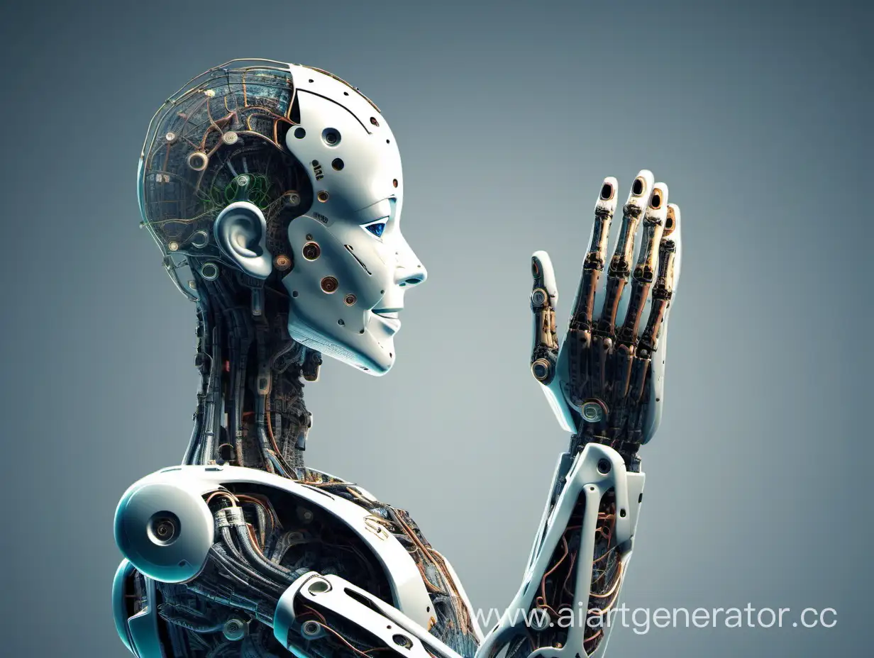сотрудничество нейросетей и человека. нейросеть в образе робота держит руки в мудре намасте и улыбается человеку
