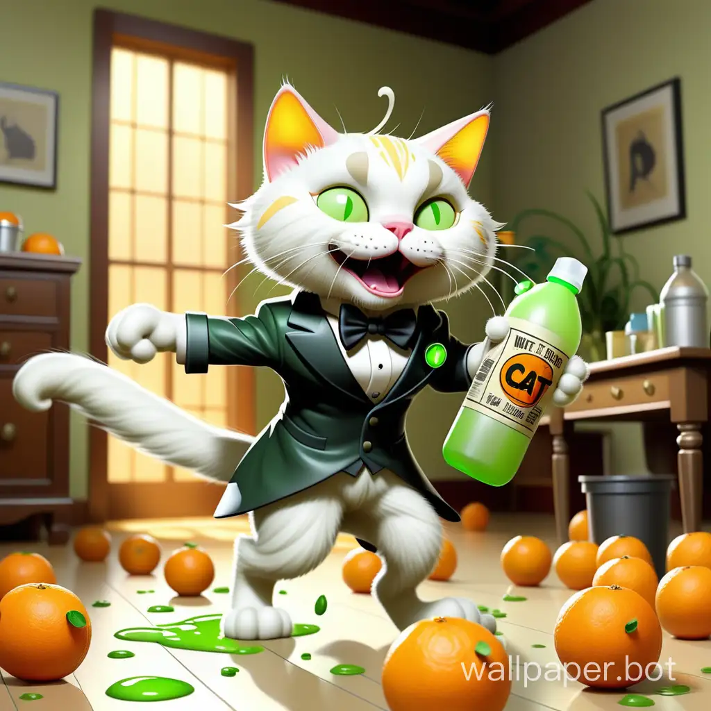Comics, White Cat, in TRASH BUSTER clothing, in a tailcoat, many tangerines on the floor, walks through a beautiful room, and leaves a shine on the floor behind, a green spray bottle with a yellow trigger in hand, the logo on the bottle Trash Buster, the cat sings Trash Buster washes Clean, Clean!