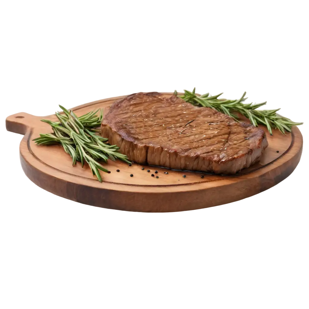 a juicy steak with a sprig of rosemary lies on a wooden countertop