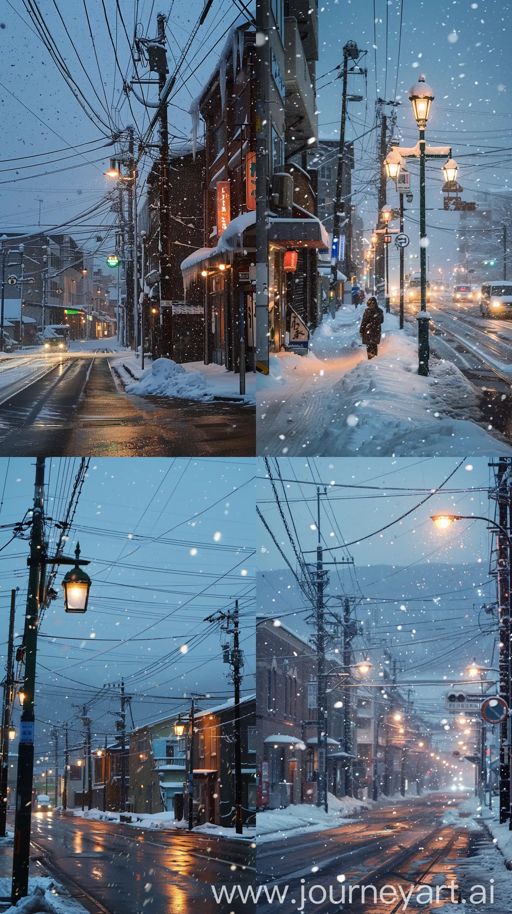 Otaru, Sakaimachi Street, Evening, Snow is falling, --ar 9:16