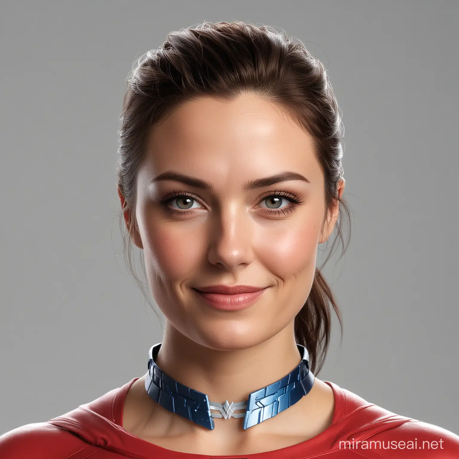 Marvel-style character from the future, similar to Wonder Woman, with 29 years old,  rounded face, facing the camera, head close up,smiling face, no colored marks or scars in the face.

Attire: Blue and red attire, futuristic style, no high colar, using a T-shirt.

Background: white background

Photographed with: Canon 5D Mark IV, 60mm lens

Photo style: Portrait, facing to the camera

Description: soft skin, no beard, with a large forehead.