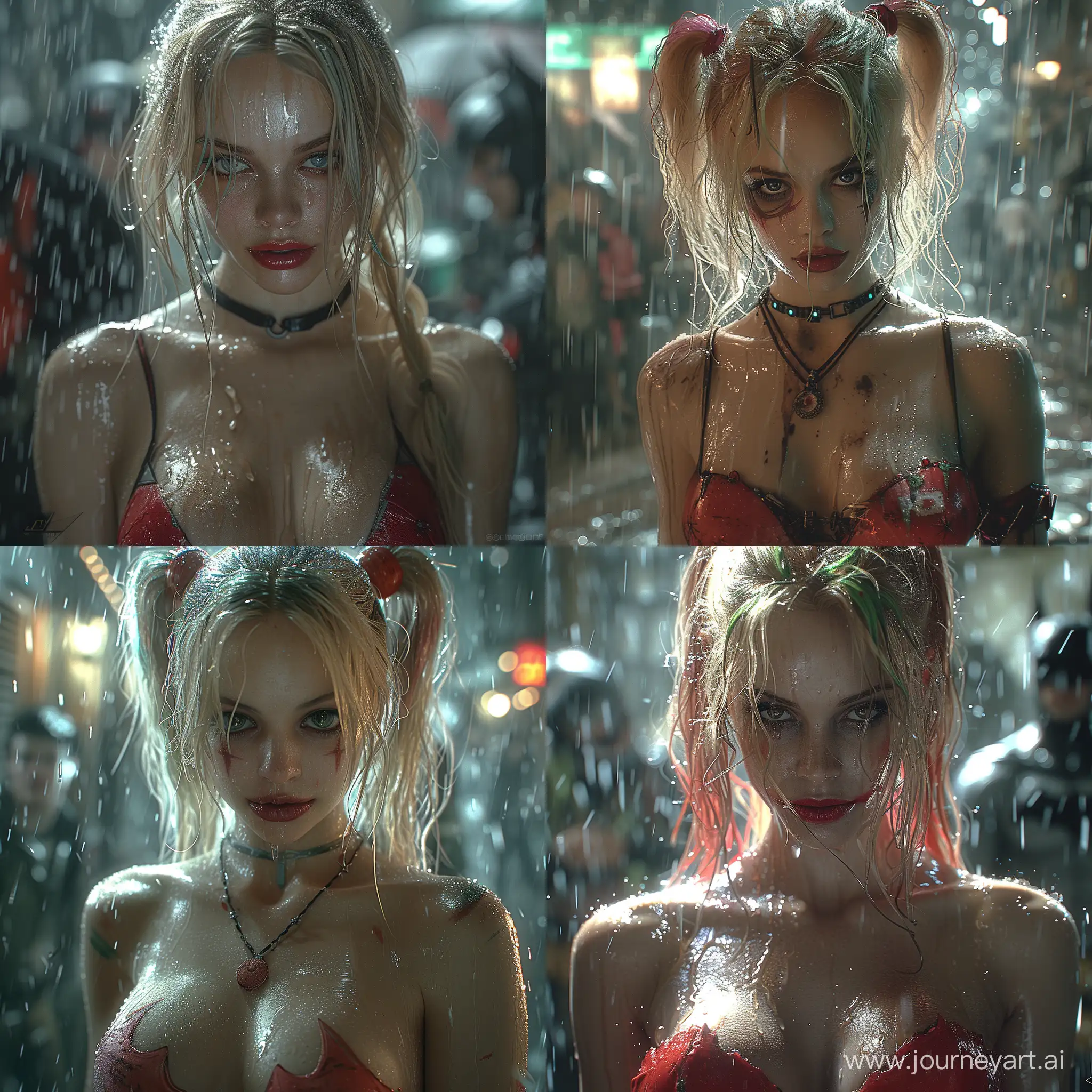 Create a realistic and dynamic image of the harley quinn in Gotham City, with a close-up depth of field, set in the rain. The image should capture the essence of Gotham City's atmosphere and the harley quinn's character, incorporating a stylized approach. Pay attention to detail and realism, and ensure that the image conveys a sense of drama and intrigue --stylize 750 --v 6