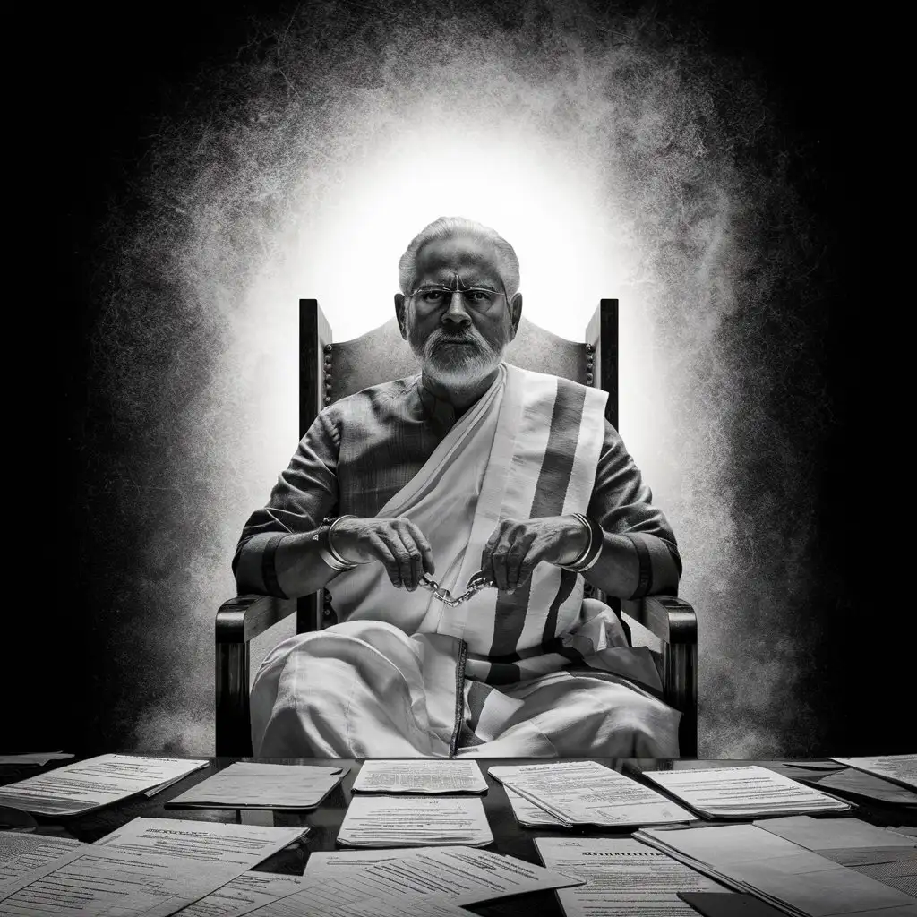indian political leader sitting on a chair, wearing dhoti kurta, police handcuffs and some papers on table, shot from behind, image should be in shadow, backlight