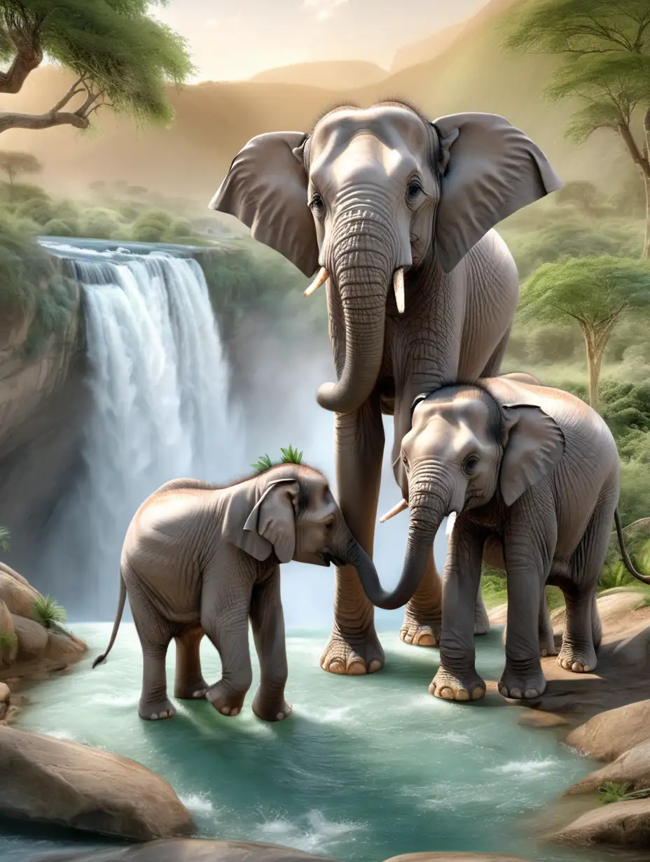 Elephant Family Feeding Baby near a Serene Waterfall