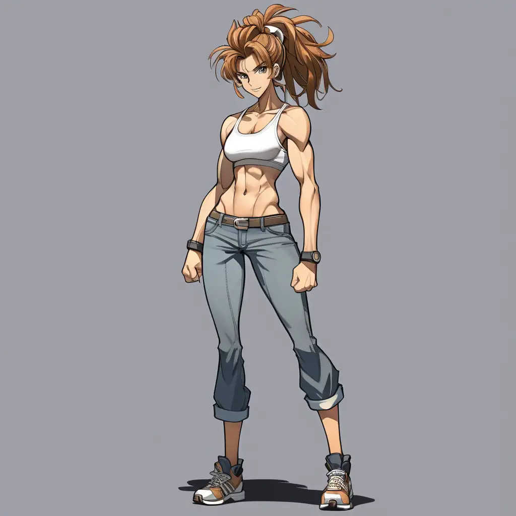 anime chic woman, tall, determined expression, buff, muscles, wild hair, resting grin, walking, full body