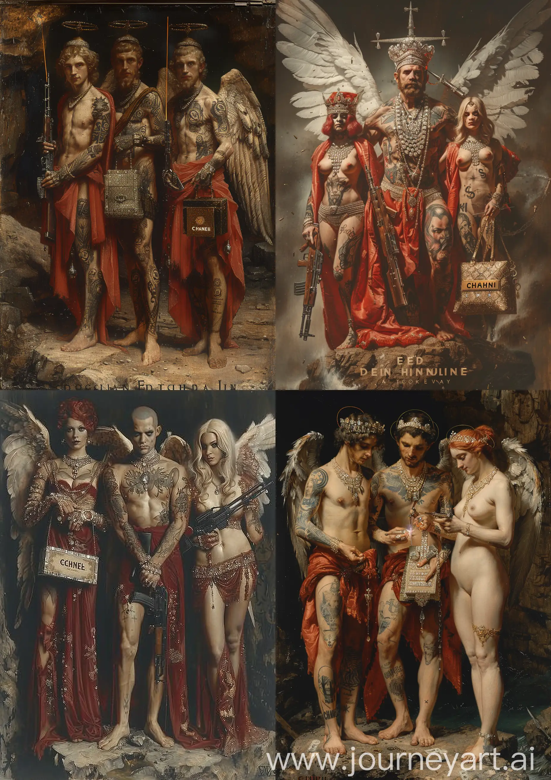 Edward Burne-Jones painting of 3 tattooed male and females angel warrior wearing red clothes ornate in diamonds, silk and robes, the male welding a kalashnikov and the 2 females welding a CHANEL  bag full of money, standing on a rock, high tones, high detailed, full body —c 22 —s 750 —v 6.0 —ar 5:7